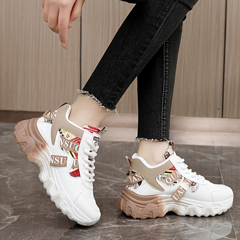 Women's Breathable Lightweight Running Shoes - Trendy Color Block Design with "NO Fear Limits" Print, Casual Athletic Sneakers, Lace-Up Closure, Beige Red Upper, Rubber Sole, All-Season Wear, Ladies Sneakers, Sporty Lifesty