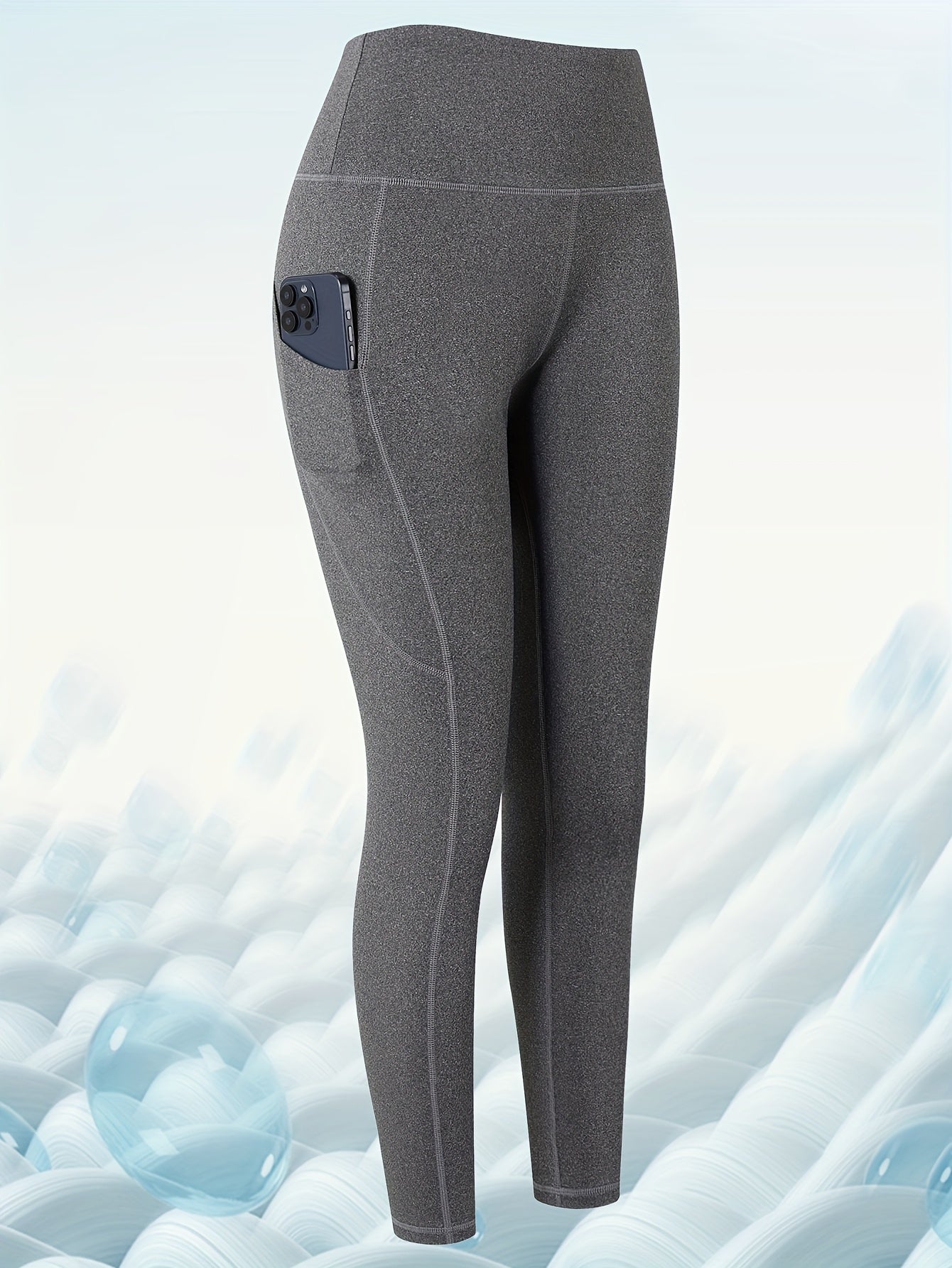 Women'S High-Waist Cropped Yoga Pants, Polyester Knit Fabric, Solid Color, All-Season Sports Tights with Pockets, Skinny Fit, Elastic Waist, No Belt, 220g/m² Stretch Fabric, Ideal for Yoga & Casual Wear