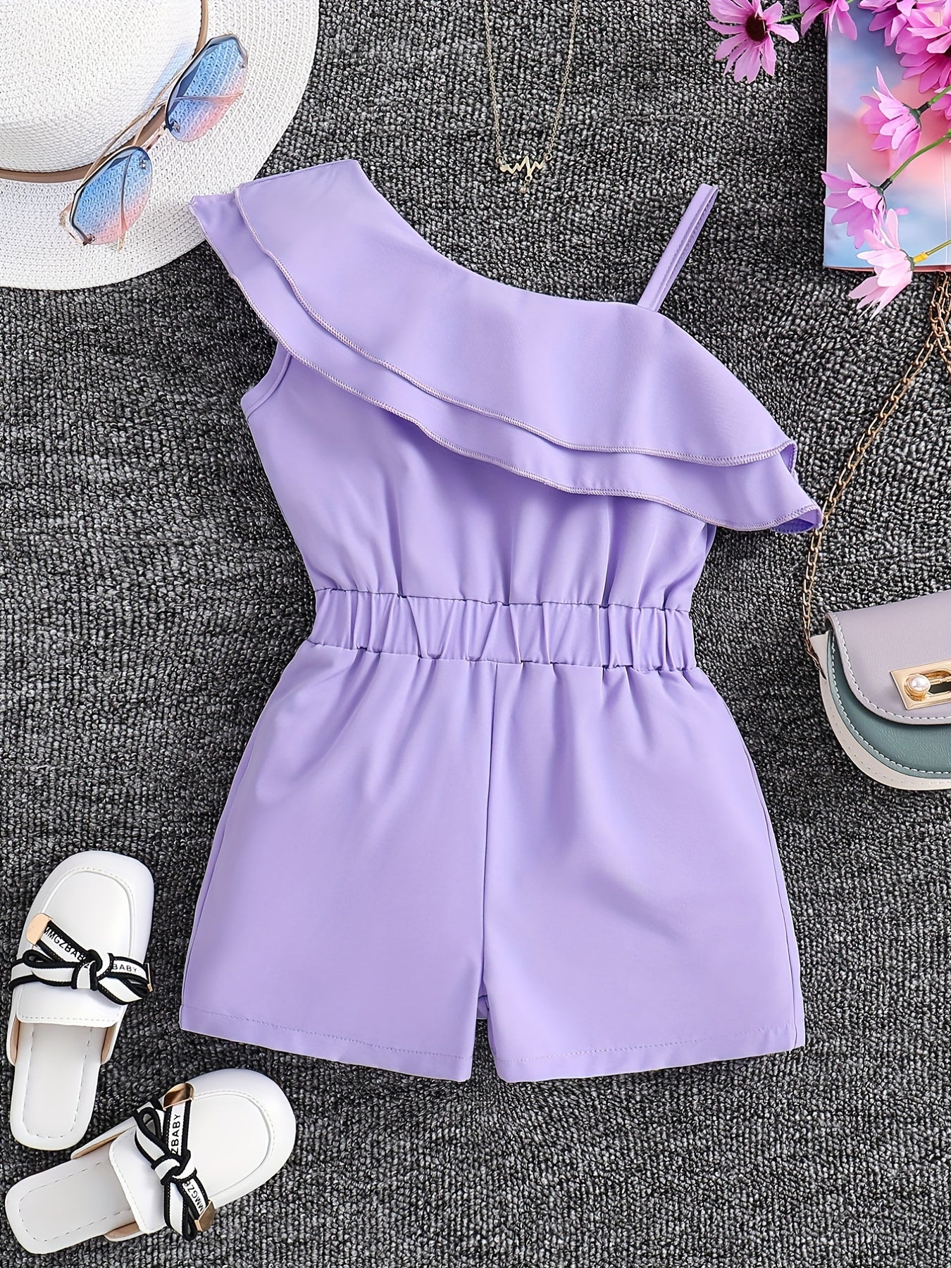 Girls White Rompers One Shoulder Ruffles Jumpsuits Մանկական ամառային հագուստ