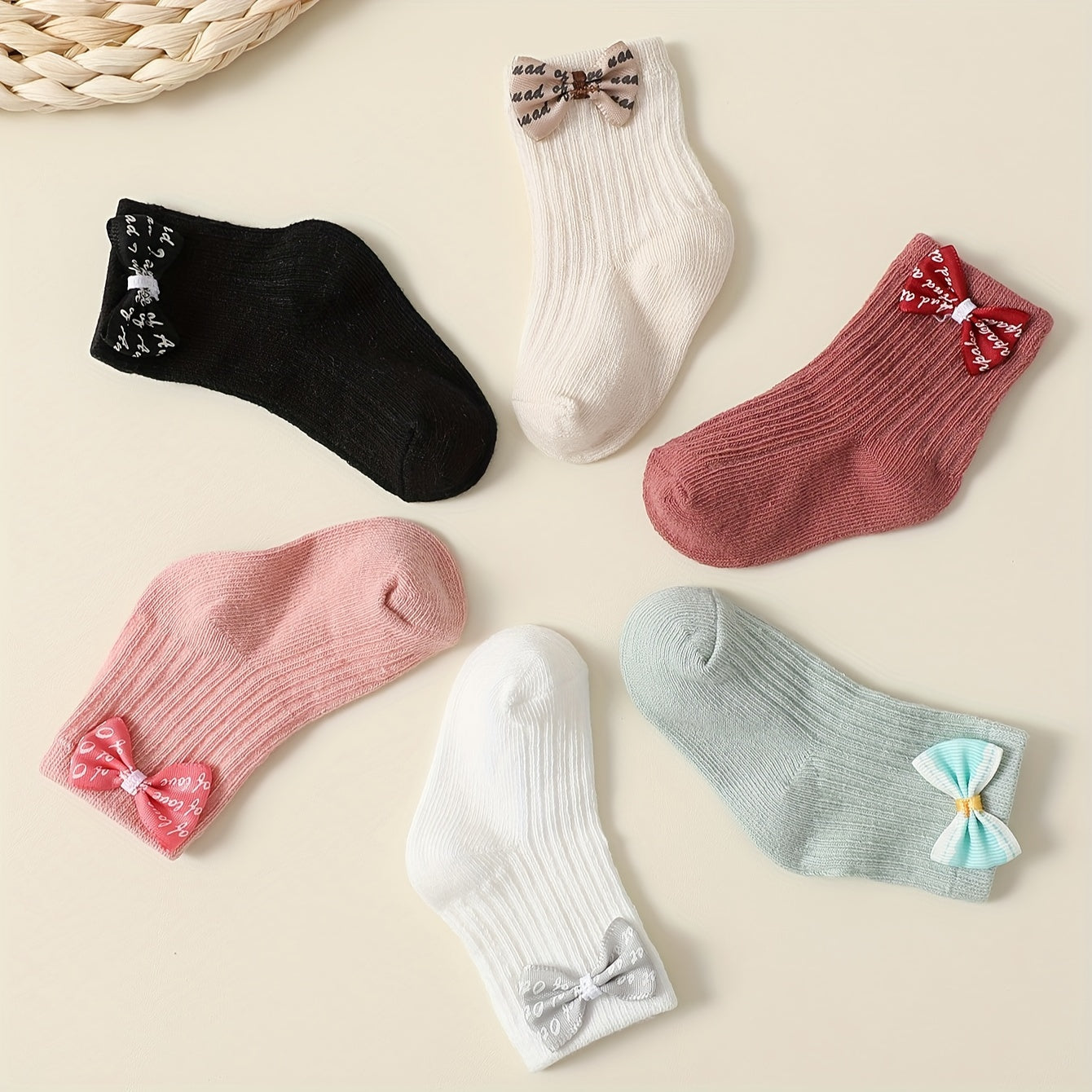 6pcs Princess Bow Ankle Socks for Youngsters and Girls - Cute 3D Bow Decor, Soft Knit, All-Season Wear, Polyester and Elastane Blend, Hand Wash Only, Allseason Footwear|Fashionable Ankle Socks|Polyester Elastane Blend