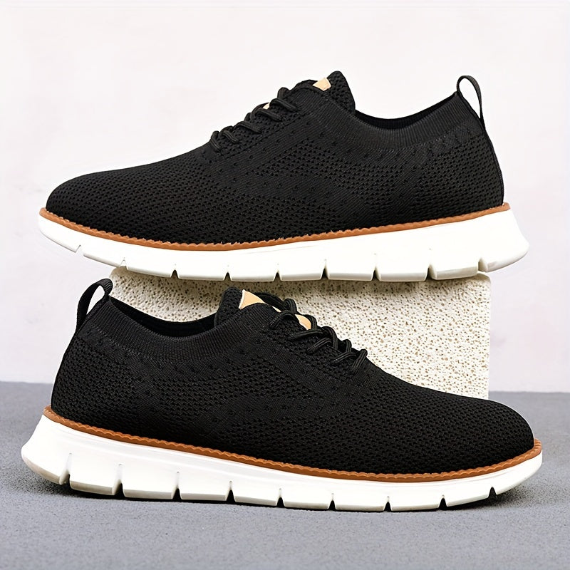 Men's Breathable Knit Business Casual Shoes - Beige with Brown Accents, Lace-Up, EVA Sole, Round Toe, Versatile for All Seasons, Dressy Shoes