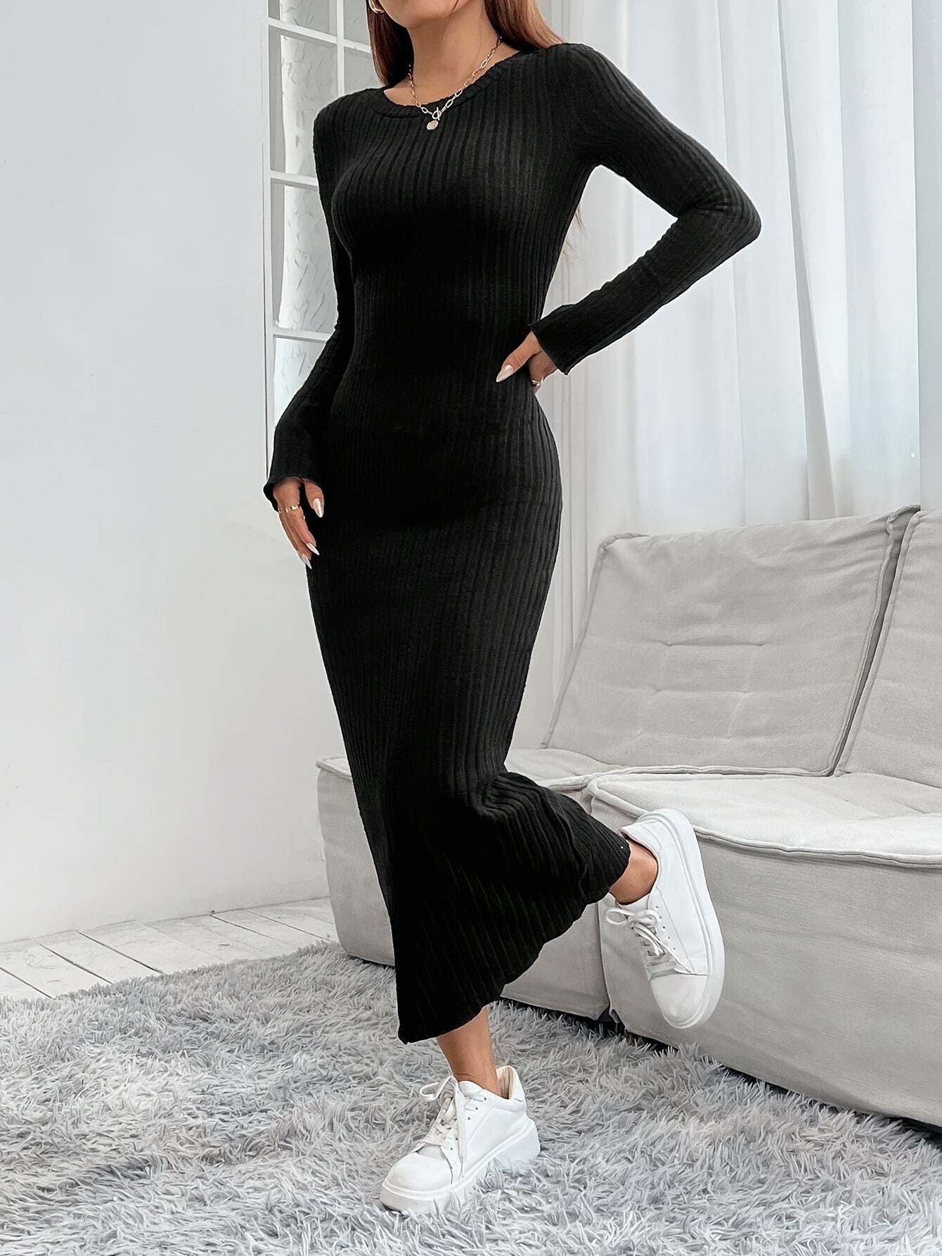 Women's Ribbed Crew Neck Long Sleeve Fitted Dress, Polyester 95% Spandex 5%, Solid Color Knit Fabric, Winter Season Adult Apparel, Ribbed Knit Dress