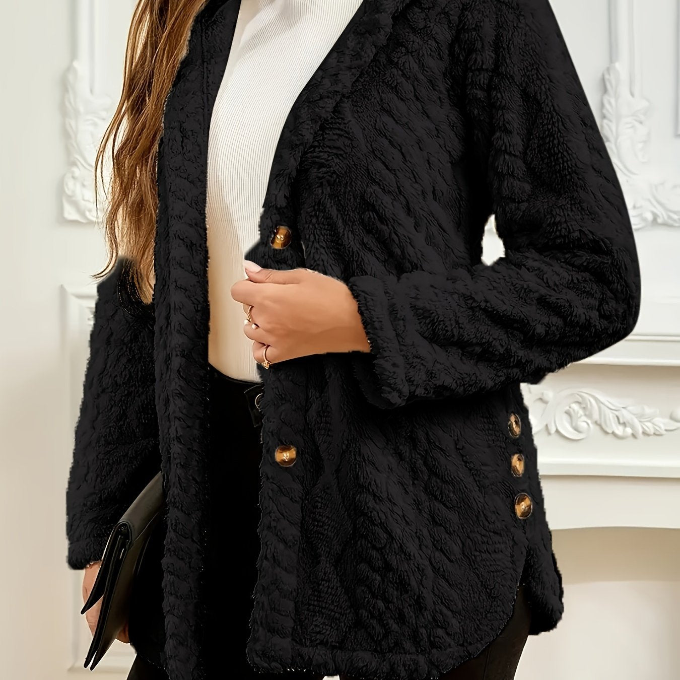 Elegant Pink Faux Fur Coat for Women - Chic Button-Front Hooded Jacket with Sleek Collar, Long Sleeves, and Ribbed Detailing - Perfect for Fall & Winter, Hand or Dry Clean Only