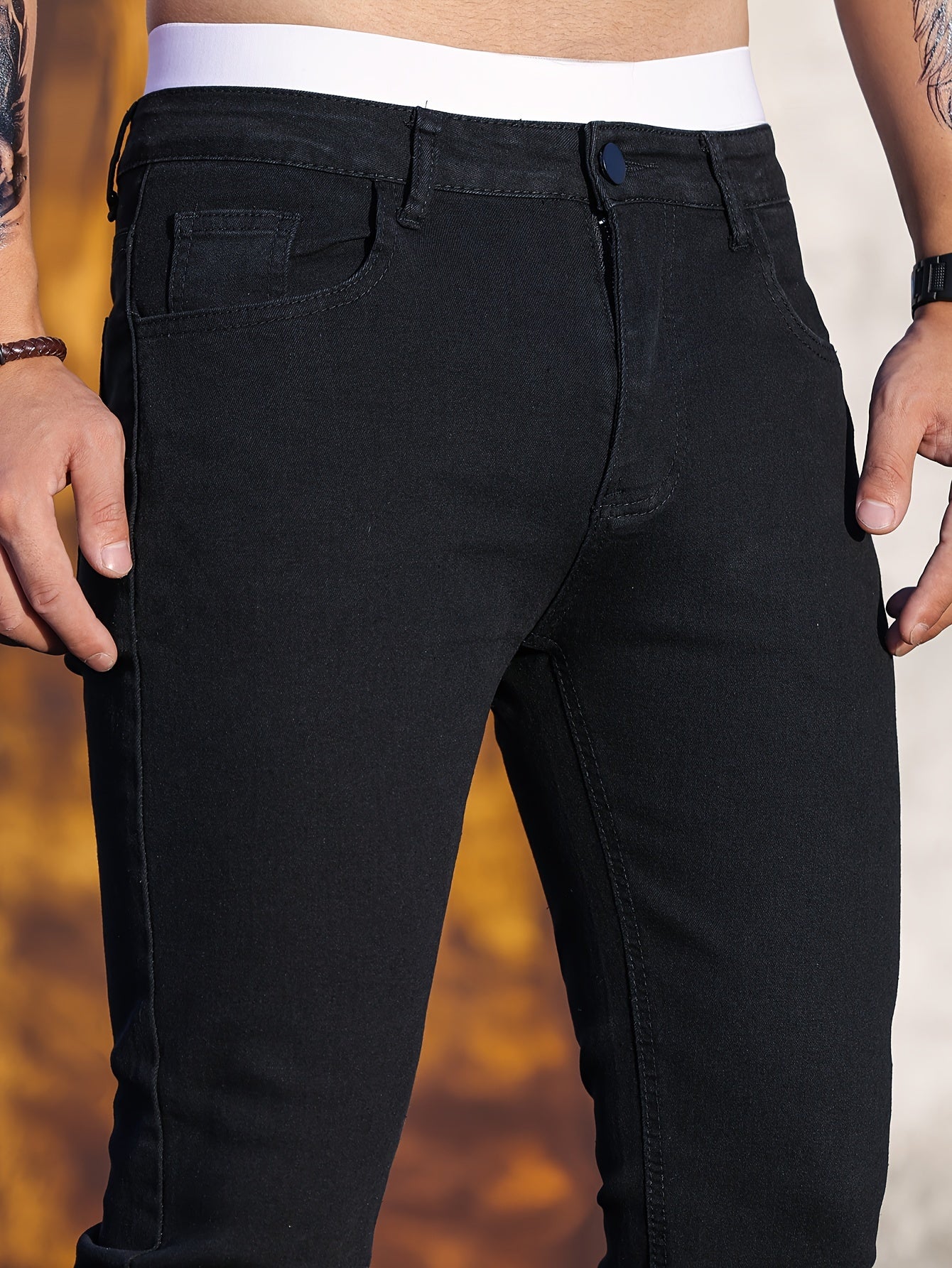 Men's Cotton Blend Casual Skinny Jeans, Chic Street Style Medium Stretch Denim Pants