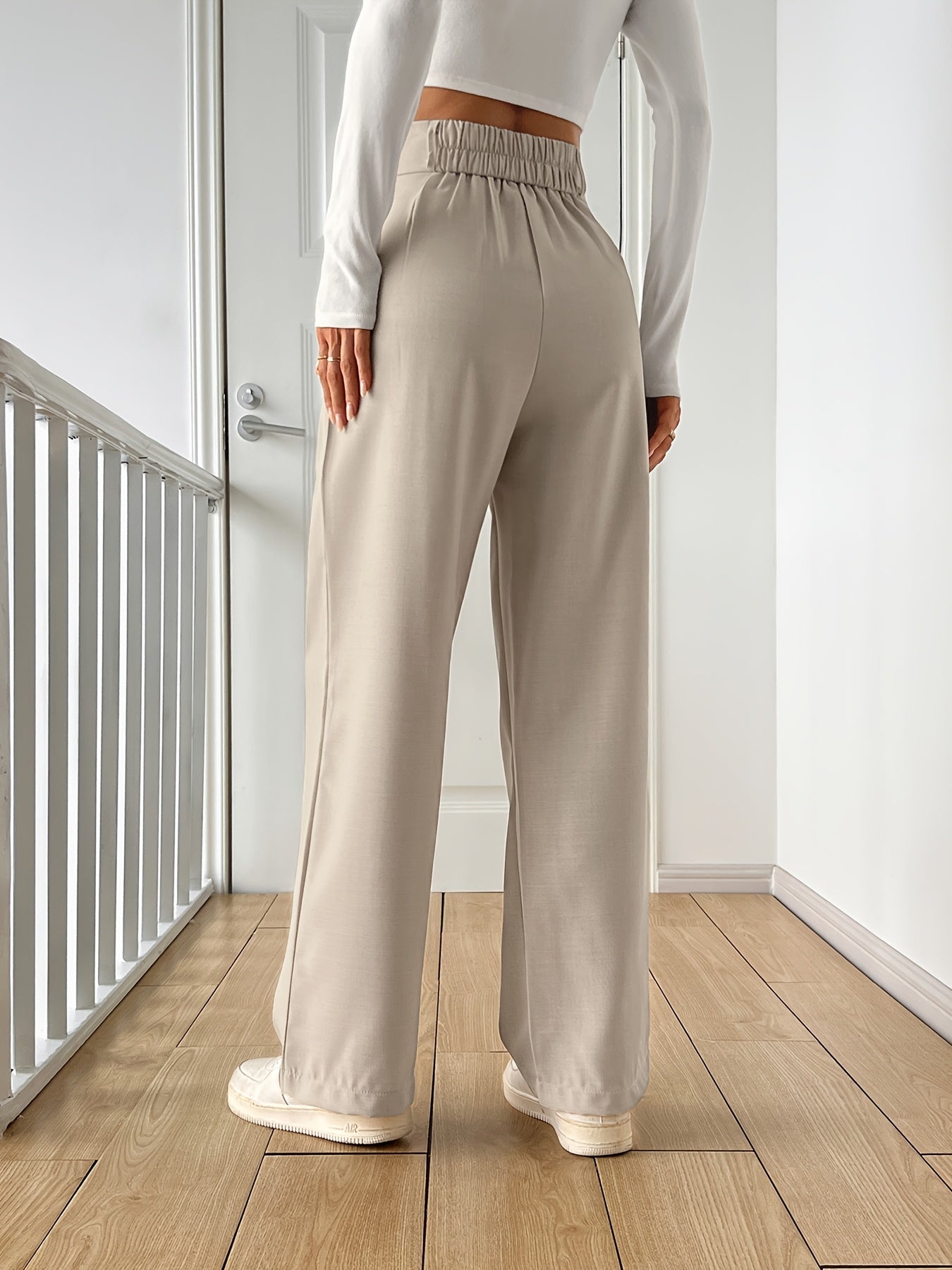 Women's High-Waisted Straight-Leg Pants - Light Beige Casual Polyester Blend with Button Details, Machine Washable, All-Season Comfort for Casual Attire, Cute Pants