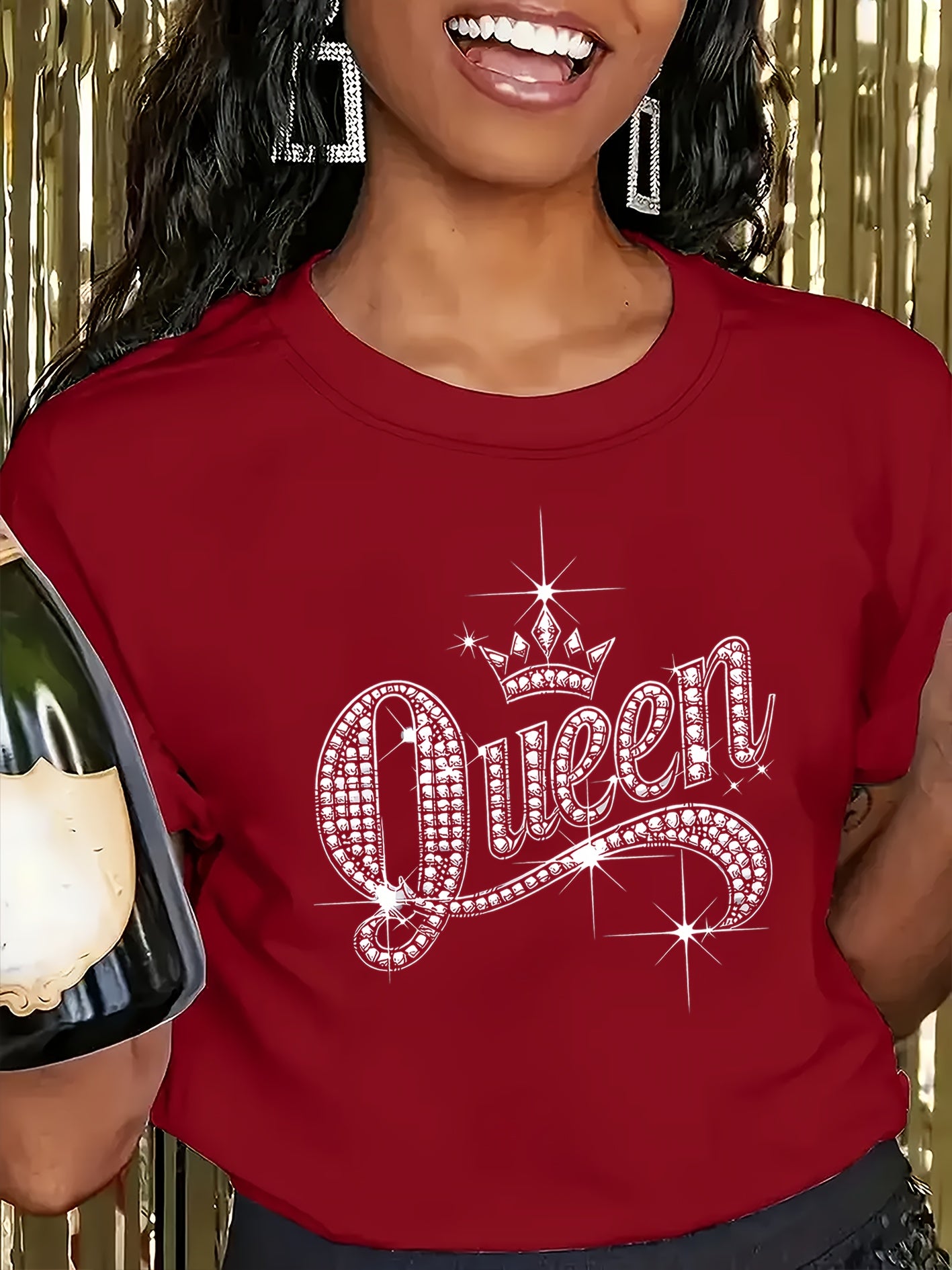 Sparkling Rhinestone Queen Crown Graphic Casual T-Shirt - Vibrant Orange Short Sleeve Round Neck Top with Medium Stretch, Machine Washable for Casual Attire & Parties, Cute T Shirts, Allseason Apparel, Party Wear, Mediumstret