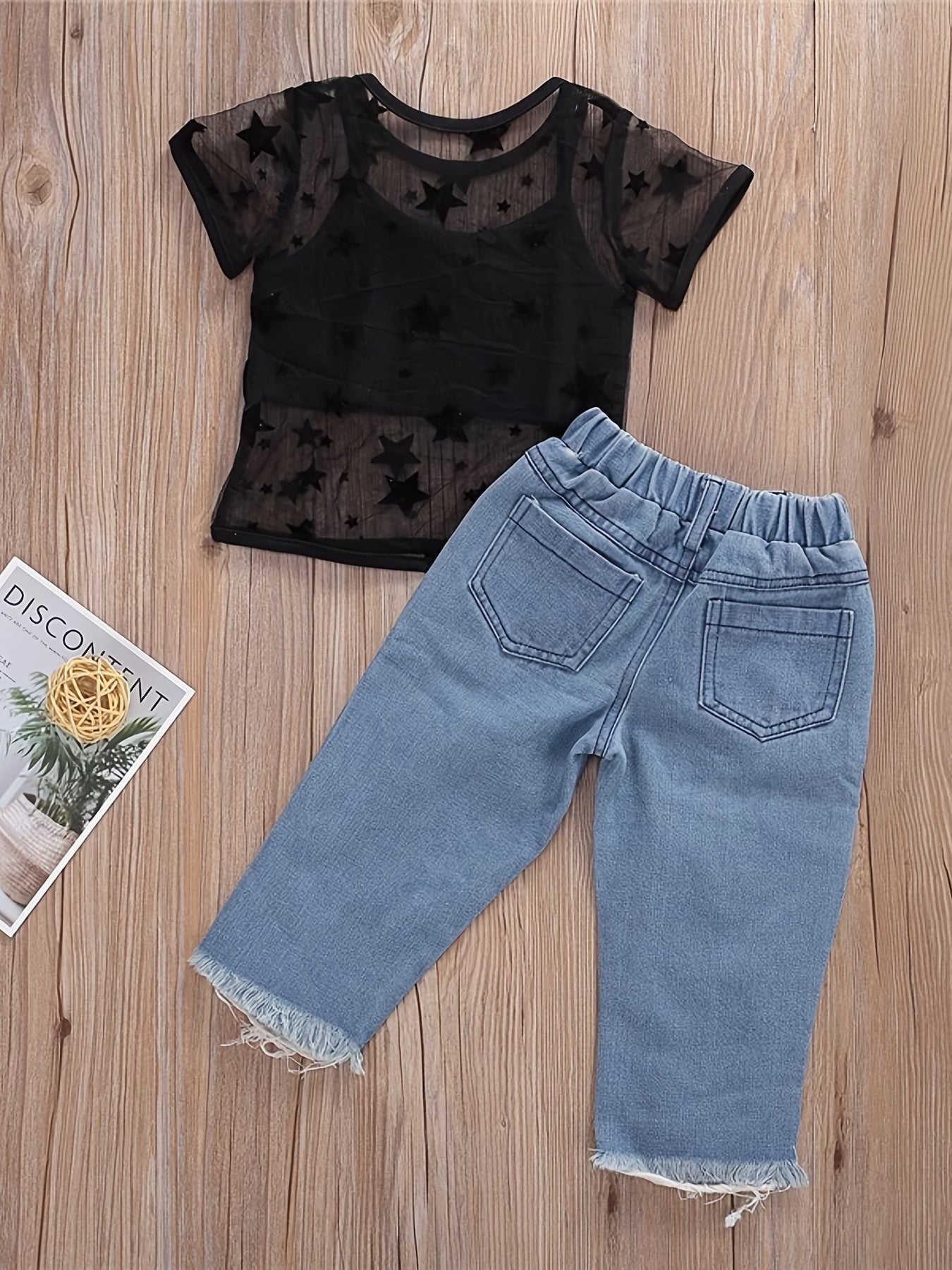 Girls Casual Cami Cropped Top & Mesh Star Print T-shirt և ջինսե ջինսե հավաքածու ամառային բացօթյա համար