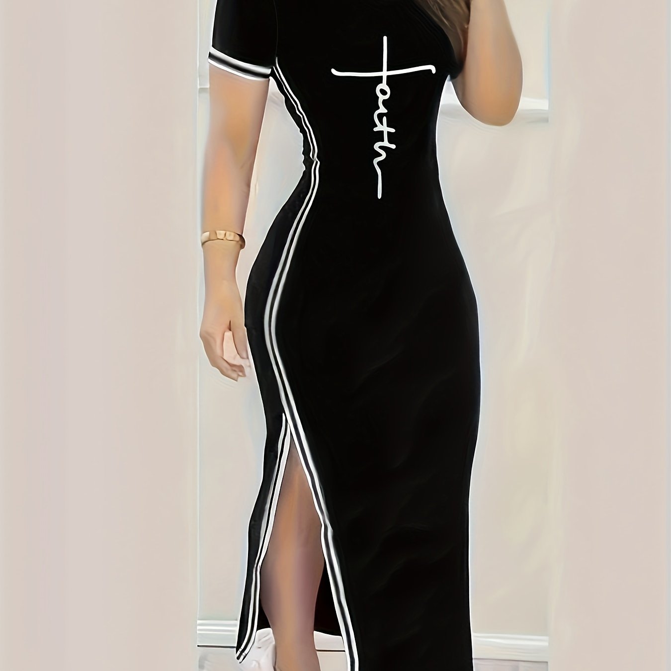 Letter Print Crew պարանոցի զգեստ, ամենօրյա կարճաթև բաց կողային զգեստ գարնան և ամառի համար, կանացի հագուստ