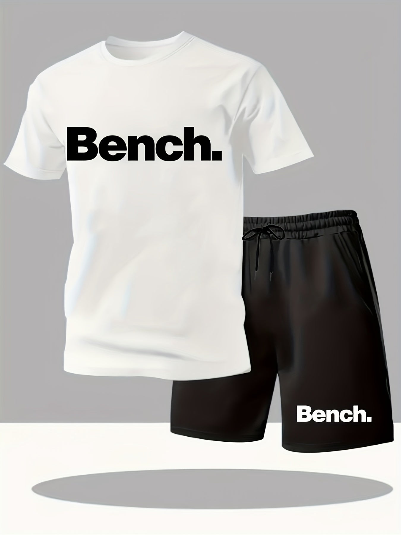Summer Men'S Casual Sports Short Sleeve T-Shirt and Shorts Set, Knitted Polyester Fabric, Comfortable Breathable, Bench. Letter Print Design - 2pcs