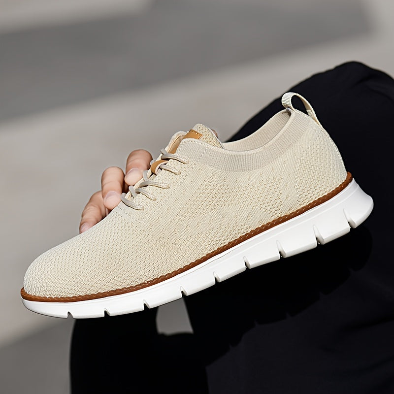 Men's Breathable Knit Business Casual Shoes - Beige with Brown Accents, Lace-Up, EVA Sole, Round Toe, Versatile for All Seasons, Dressy Shoes