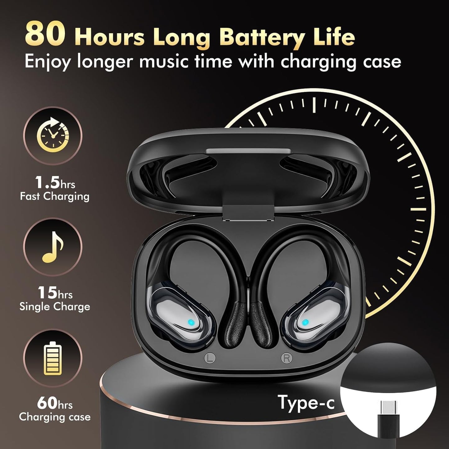 Wireless Earbuds Sport Bluetooth Headphones 5.3, 80Hrs Stereo New Bluetooth Earbuds with HD Mic, Earbuds with Earhooks ENC Noise Canceling Earphones, IP7 Waterproof Headset for Sports/Workout/Running