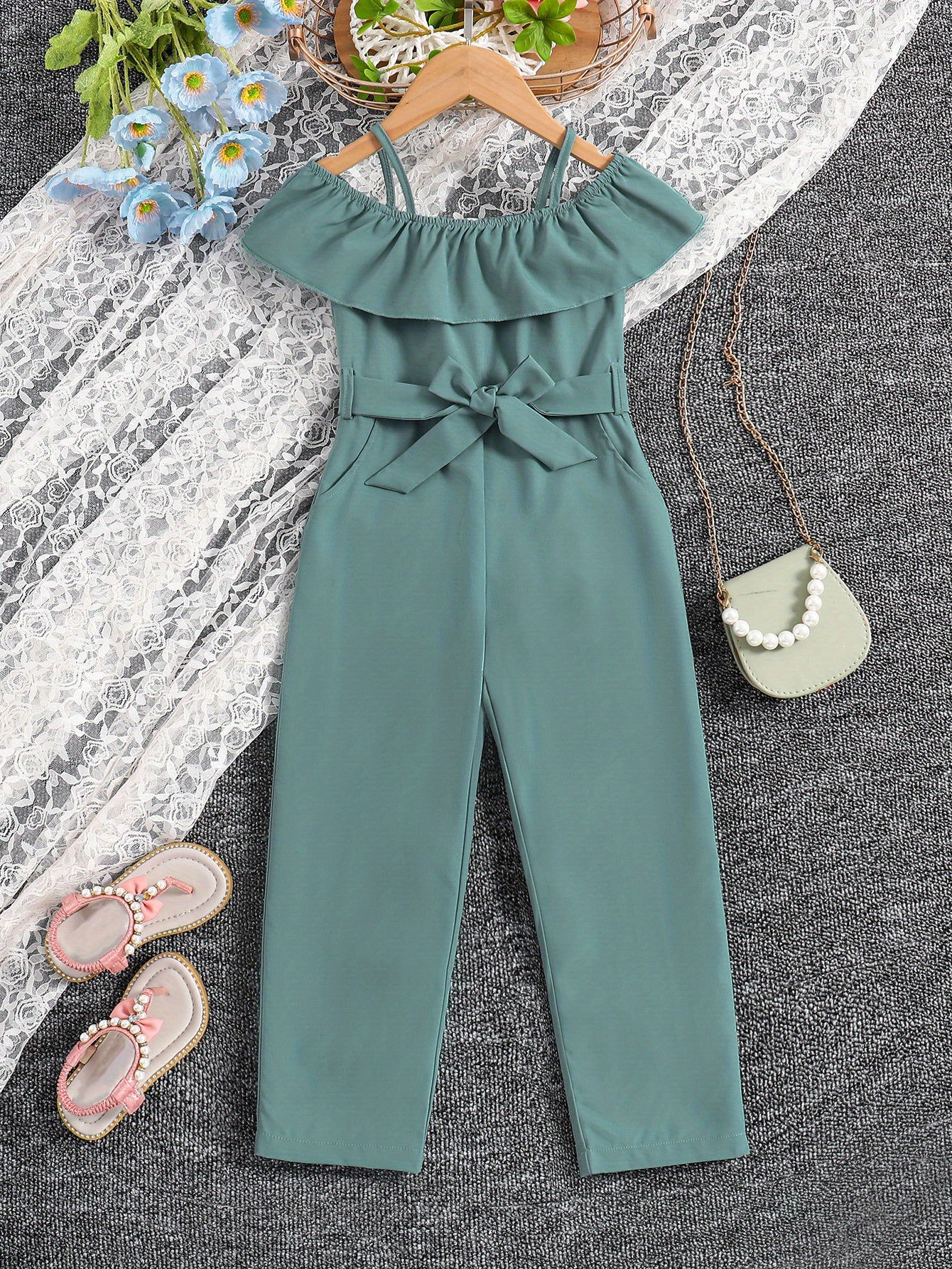 Girls Ruffle Cami Romper Belt Off Shoulder Նրբագեղ ամառային գարուն աշուն մանկական հագուստ