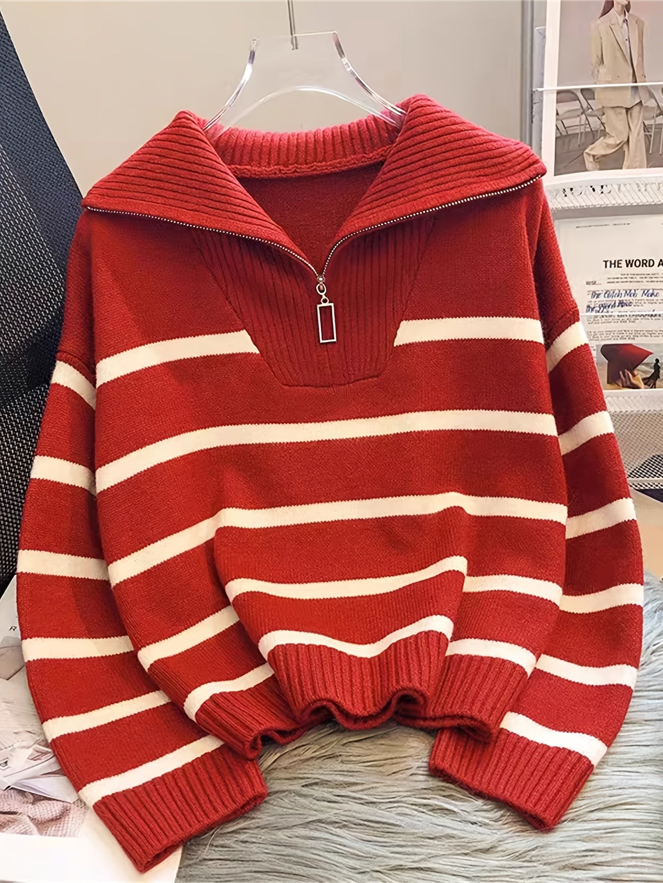 Elegant Striped Zip-Up Knit Sweater - Cozy Acrylic & Polyester Blend, Perfect for Fall/Winter, Cozy Sweater