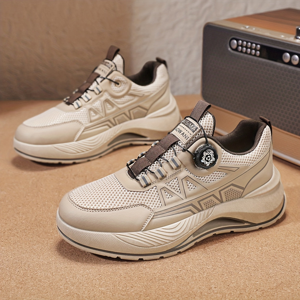Men's 2025 New Casual Athletic Running Shoes - Thick-Sole Hiking Basketball Sneakers with Breathable PU/Fabric Upper, Durable PVC Outsole, Beige/Black Colorway for Outdoor, Streetwear Everyday Comfort, Round Toe Design