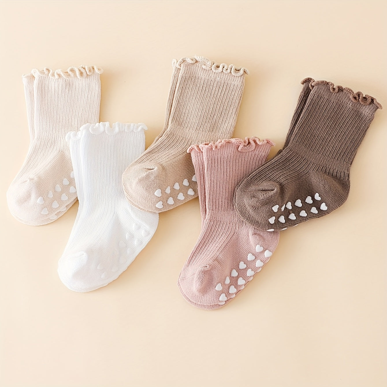 5 Pairs of Sweet And Cute Spring And Autumn Multi-Color Girls' Wood Ear Edge Non-Slip Mid-Tube Socks