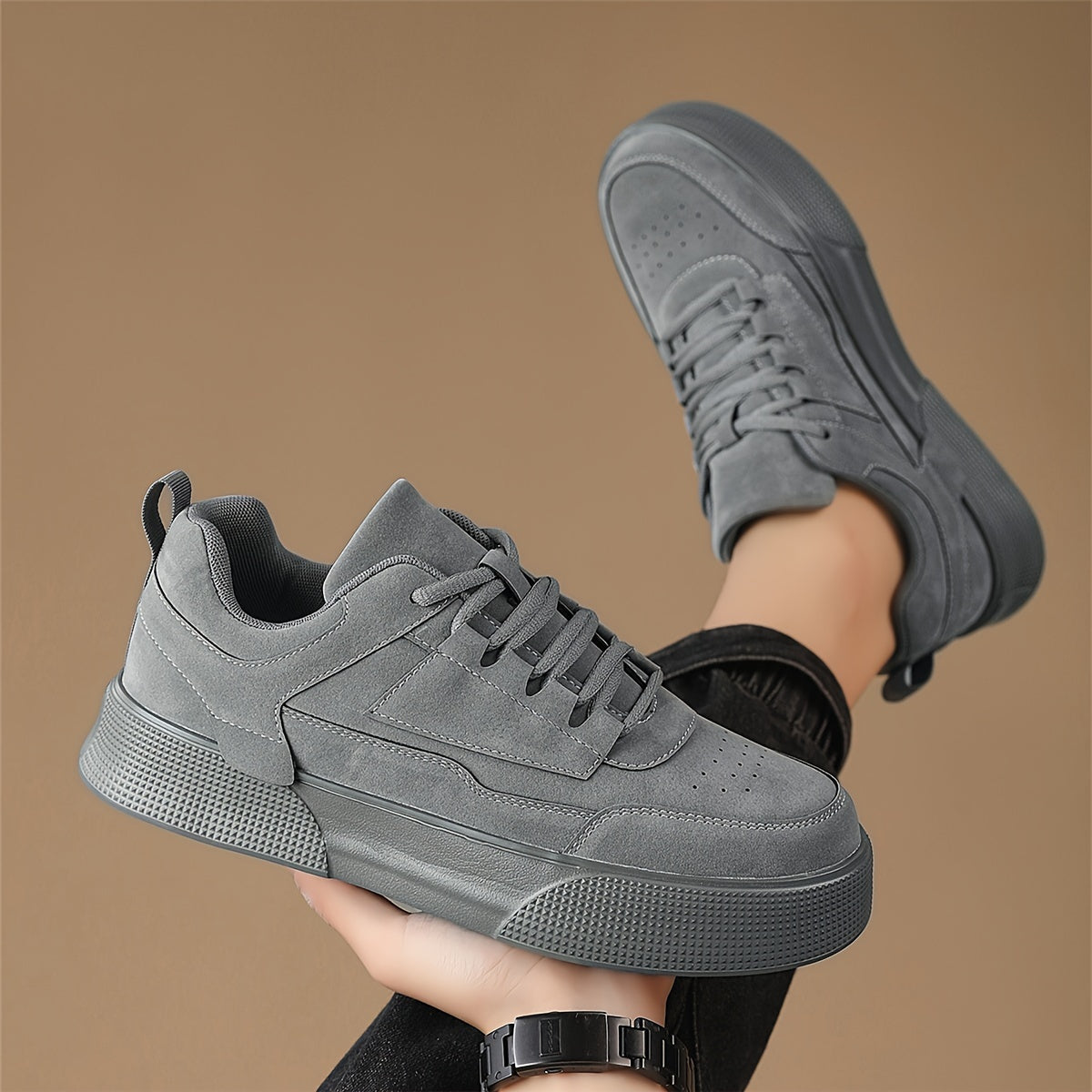 1pair Men'S Classic Solid Grey Skateboard Sneakers, Casual Street Style Lace-Up Running Shoes, Lightweight Stability Low Top with Faux Upper, Fabric Inner & EVA Sole for All-Season Outdoor Activities