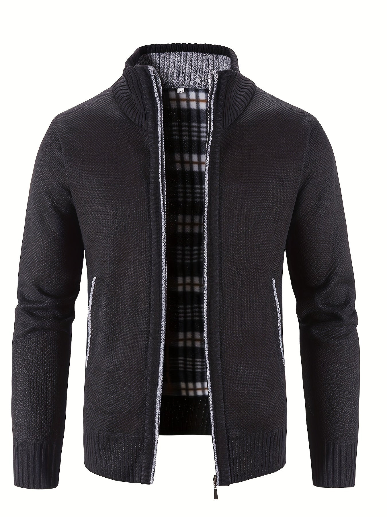 Men's Solid Fleece Knitted Cardigan With Pockets, Casual Long Sleeve Turtle Neck Zip Up Warm Sweater For Winter Fall Outdoor Activities