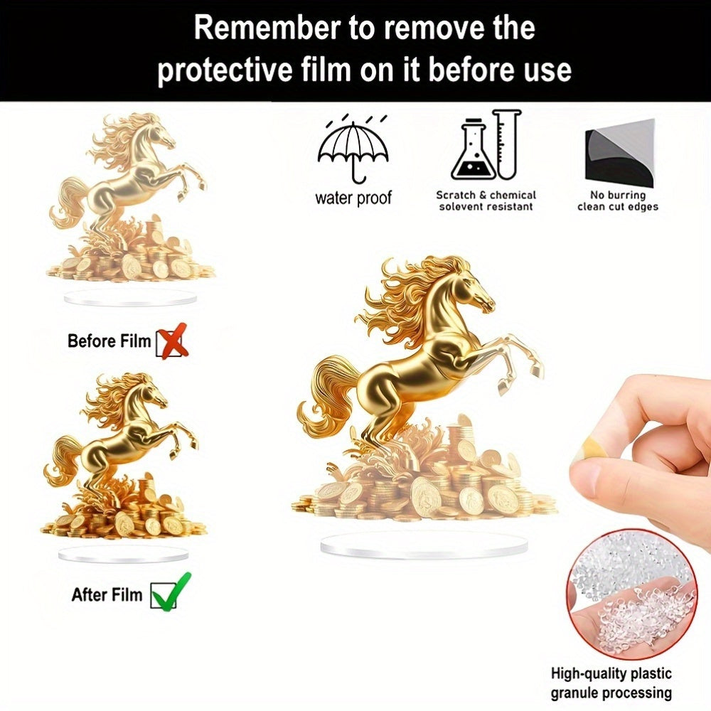 2D Flat, 1 Golden Lucky Horse Acrylic Desk Ornament with Coin Base- 2D Flat Print Wealth Decor, Suitable for Home Office Bedroom Living Room, Battery-Free Birthday and Housewarming Gift, Home Decoration& Accessories, 2D Flat