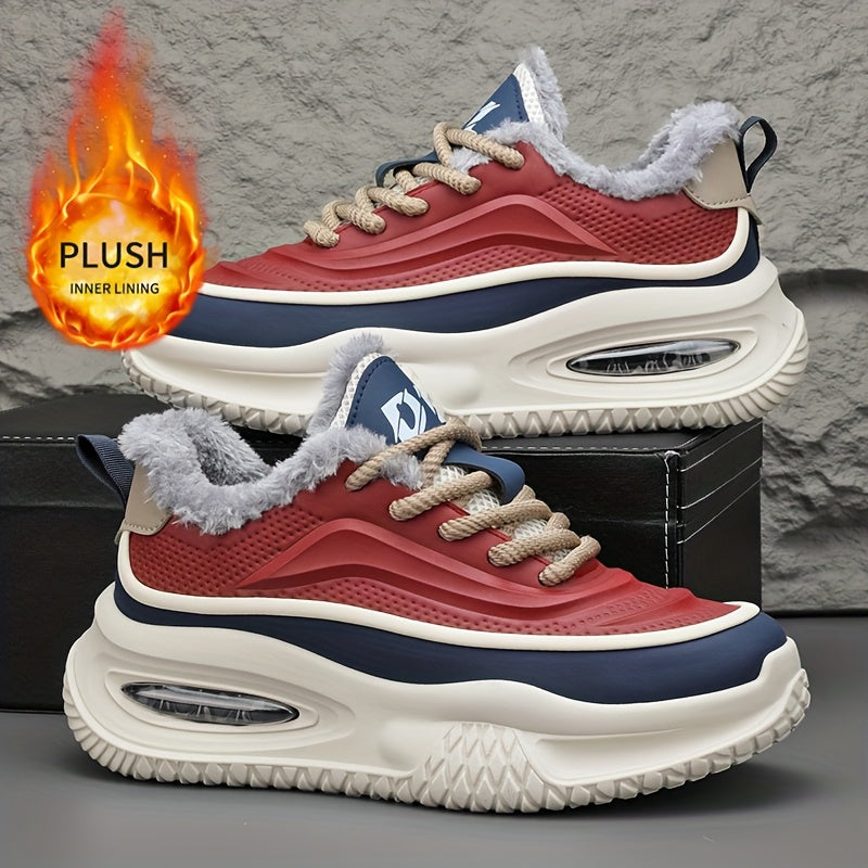 's Winter Snow Traction Shoes with -Like Collar - -Skid Low-Top, PU Upper & PVC Sole - Red/Navy/Beige/White Colorway for Ice Skating, Snow Walking, Casual Winter Wear (Warm Lace-Up Sneakers)