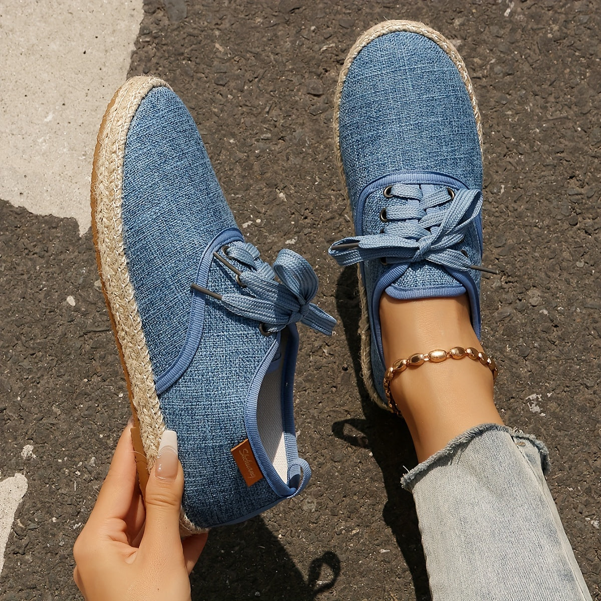 Women's Casual Solid Color Lace-Up Flats with Plain Toe, Lightweight Fabric Upper and Lining, TPR Sole, Versatile All-Season Comfort Shoes - Taizhou Origin