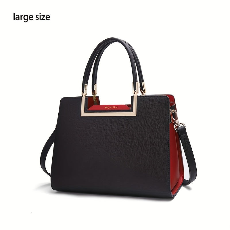 Elegant Black Split Leather Satchel Bag with Removable Strap