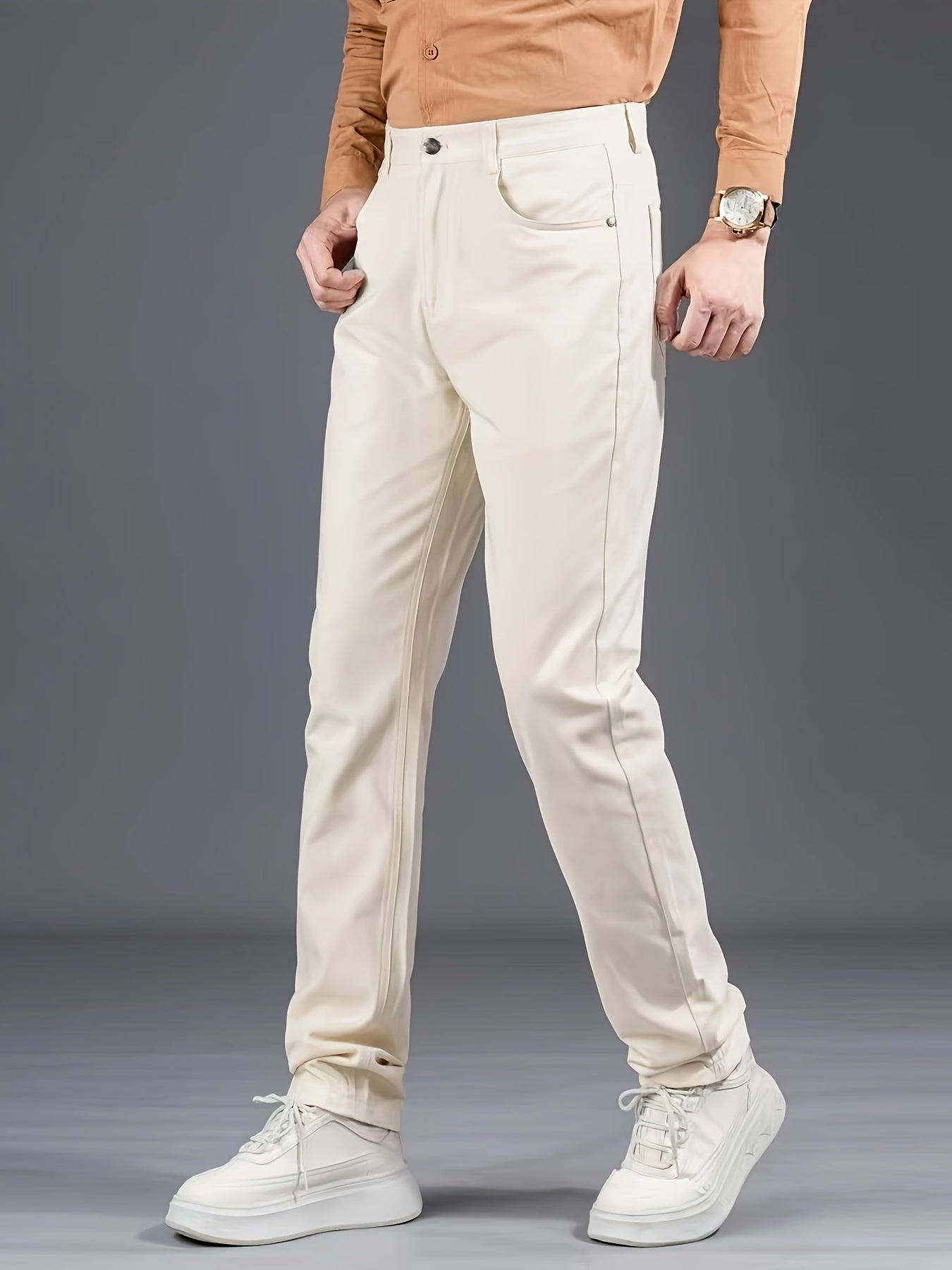 Men's Solid Color Mid Waist Regular Fit Cotton Dress Pants with Zipper Fly – Non-Stretch Woven Fabric – Basics Style for Mature Occasions – Fall/Winter Collection