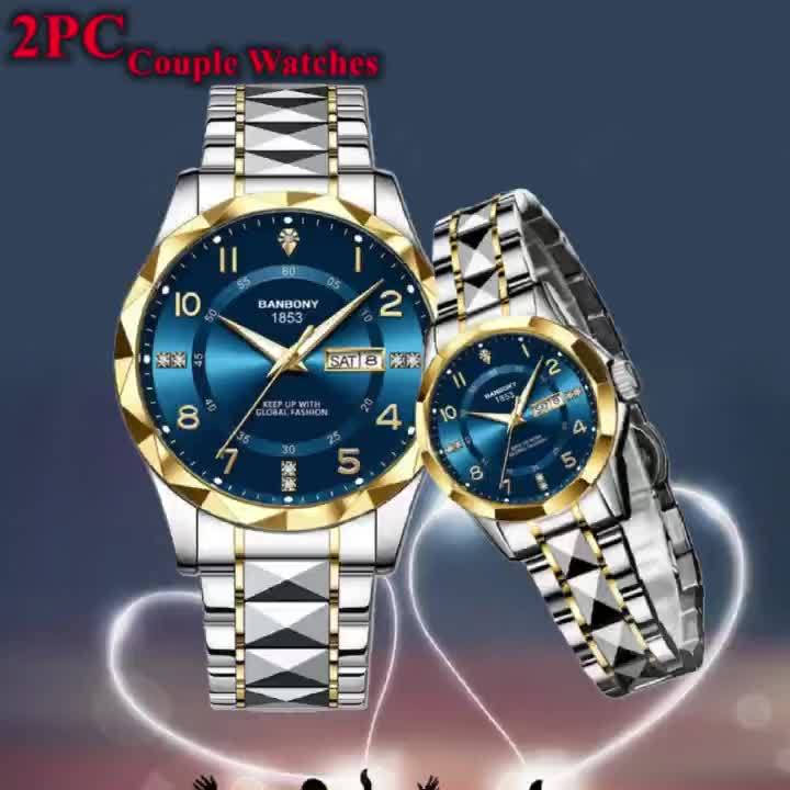 2pcs BNDBONY Brand Men And Women Couples Quartz Watch Stainless Steel Strap Scratch-Resistant Wear Luminous Pointer Digital Simple Hd Disc IPX7 Waterproof Fashion Multifunctional Couples Watch Holiday Couples Lover Birthday G