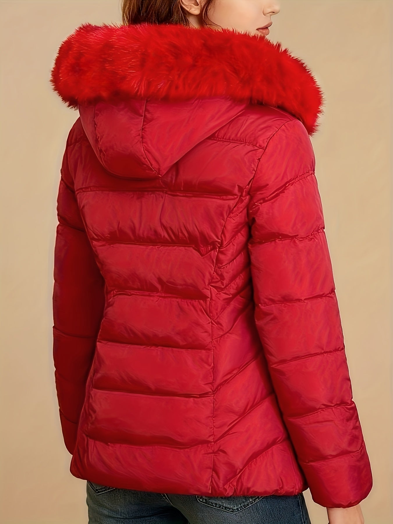 Women'S Red Winter Hooded Jacket with Plush Faux Fur Trim - Cozy Long Sleeve Zip-Up Coat, Slim Fit Casual Outerwear, Side Pockets, Warm & Stylish for Fall/Winter, Winter Jacket, Fall Fashion, Elegant Design, Soft Texture, Fas