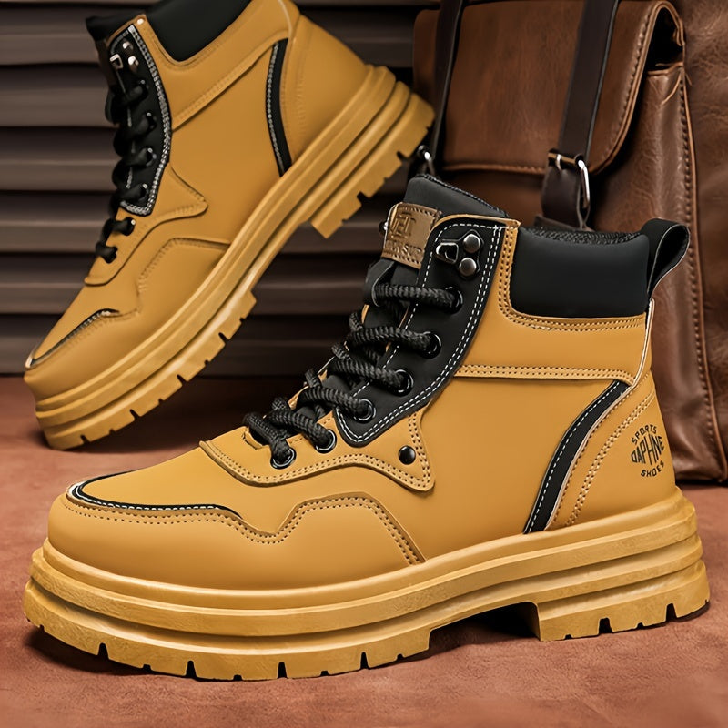 Large Size High Top Casual Shoes Short Boots Men's Big Yellow Boots High Top Trendy Versatile British Style Short Boots Mid Top Work Boots Men's Hiking Boots