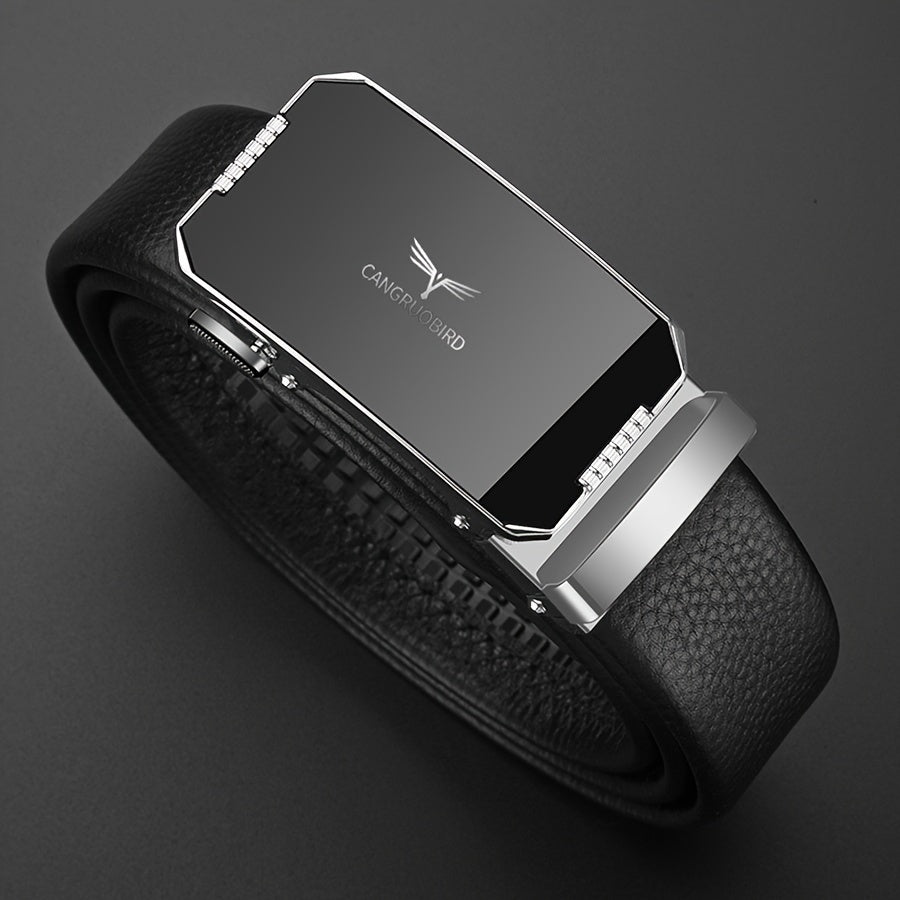 1pc Men'S Adjustable Automatic Buckle Belt - Sleek Black Faux Leather, Alloy Buckle, Stylish for Business & Casual Attire