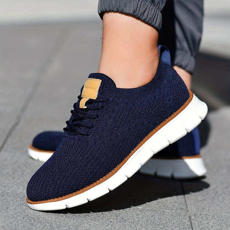 Men's Breathable Knit Business Casual Shoes - Beige with Brown Accents, Lace-Up, EVA Sole, Round Toe, Versatile for All Seasons, Dressy Shoes