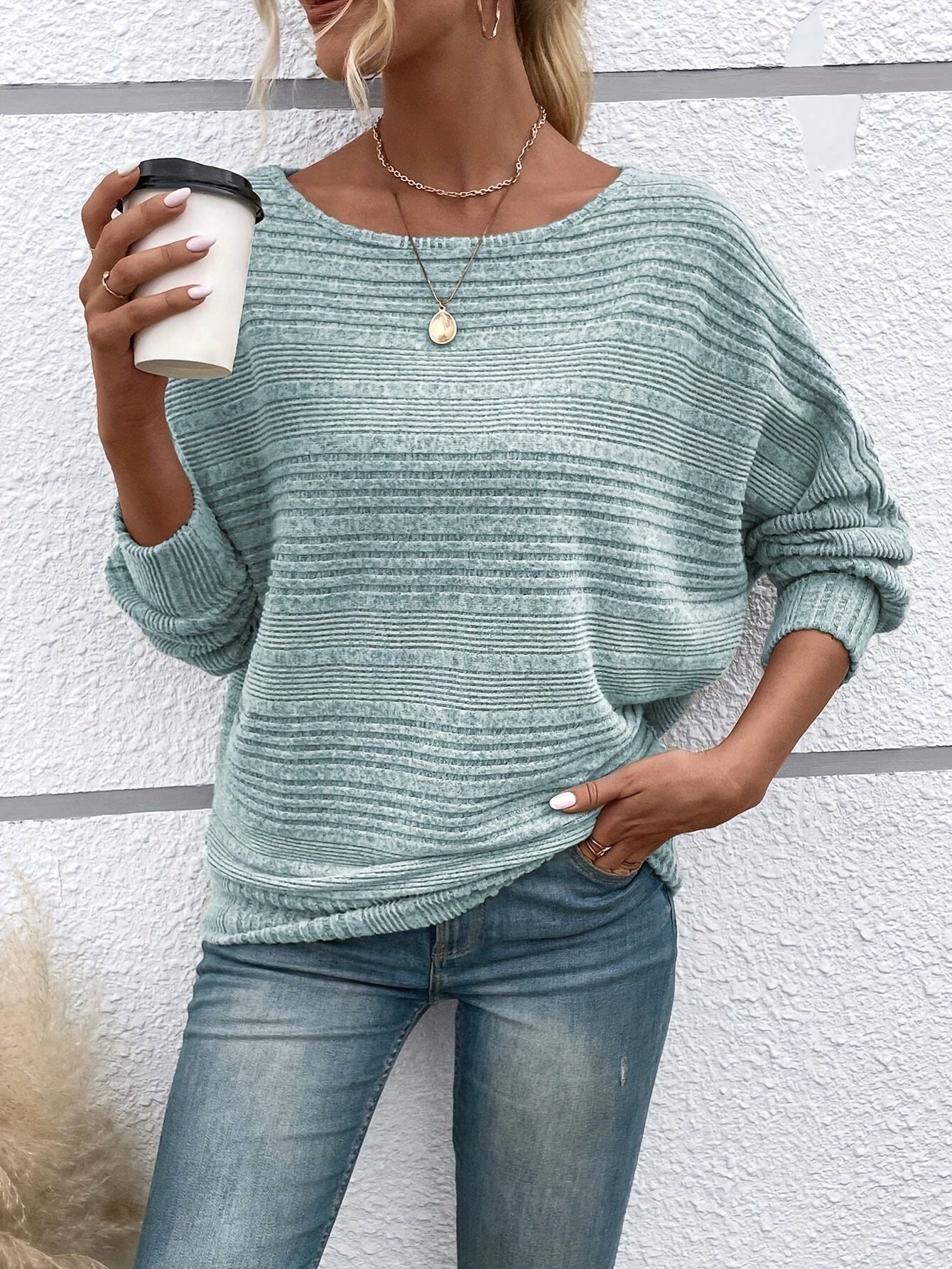 1 հատ Women'S Casual Crew Neck Knit T-shirt - պոլիեսթեր պինդ գույնի երկարաթև վերնաշապիկ գարնան/աշունի համար