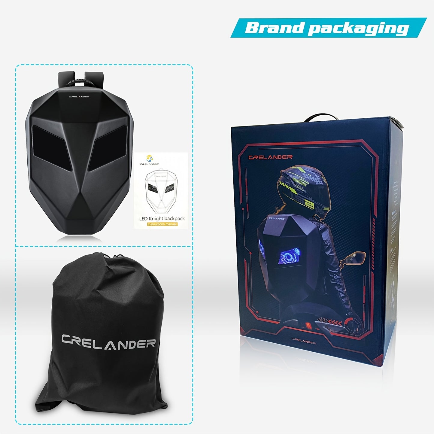 Crelander LED Men'S Motorcycle Backpack - Sleek Black Red Hard Shell Travel Bag with USB Charging, 48.01cm x 35.56cm Capacity, Ergonomic Design for Camping, Cycling Outdoor Adventures, Motorcycle Bag, Adventure Gear, Stre