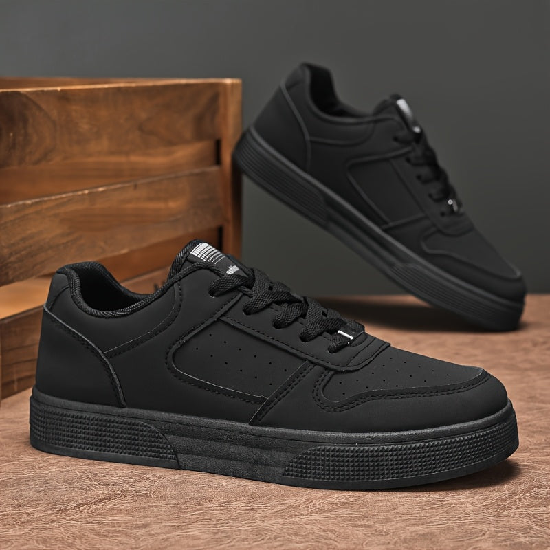 Breathable Skate Shoes - Sleek Black Low-Top Casual Sneakers with Durable PU Upper & PVC Sole, Comfortable Lace-Up Streetwear for Men and Women, All-Season
