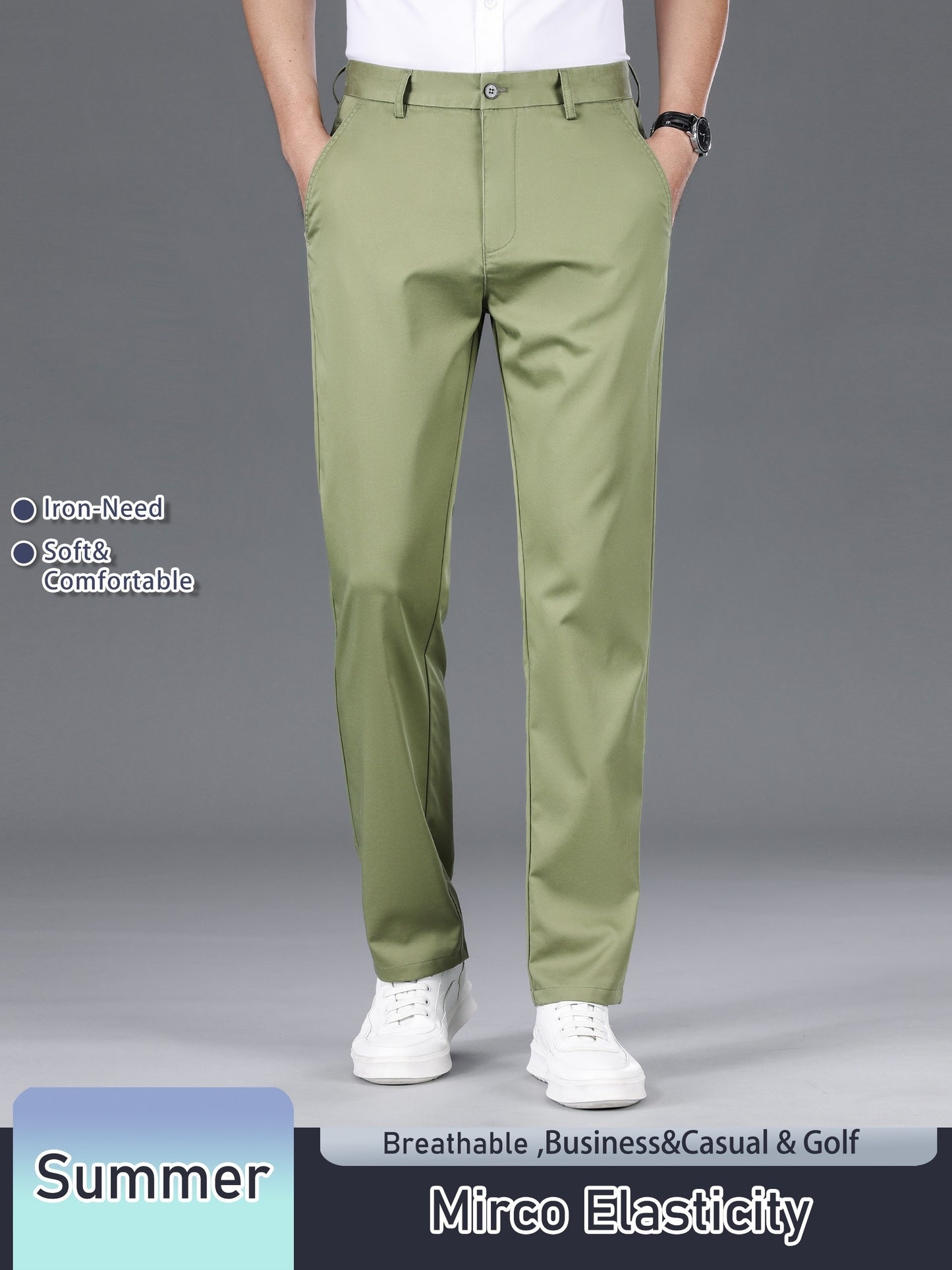 Men's Solid Color Straight Leg Business Style Cotton Blend Pants, Casual Comfy Breathable Outdoor Trousers As Gift