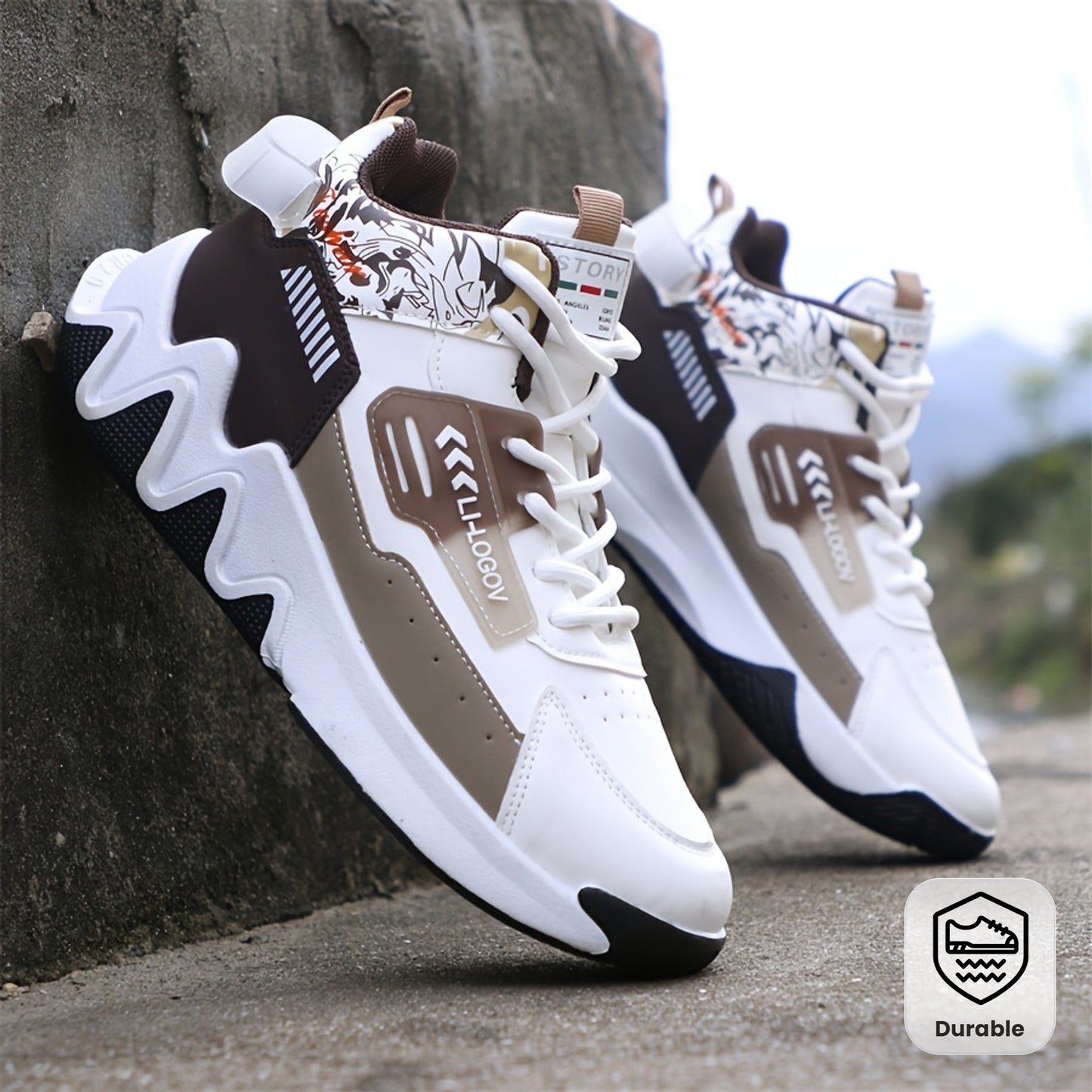 Men's High-Top Basketball Sneakers, Preppy Street Style, Solid Color with Cartoon Stripes, All-Season Lace-Up Sports Shoes, Faux Upper, Fabric Inner, Rubber Sole, for Running, Hiking Casual Wear, Outdoor Activities Shoes