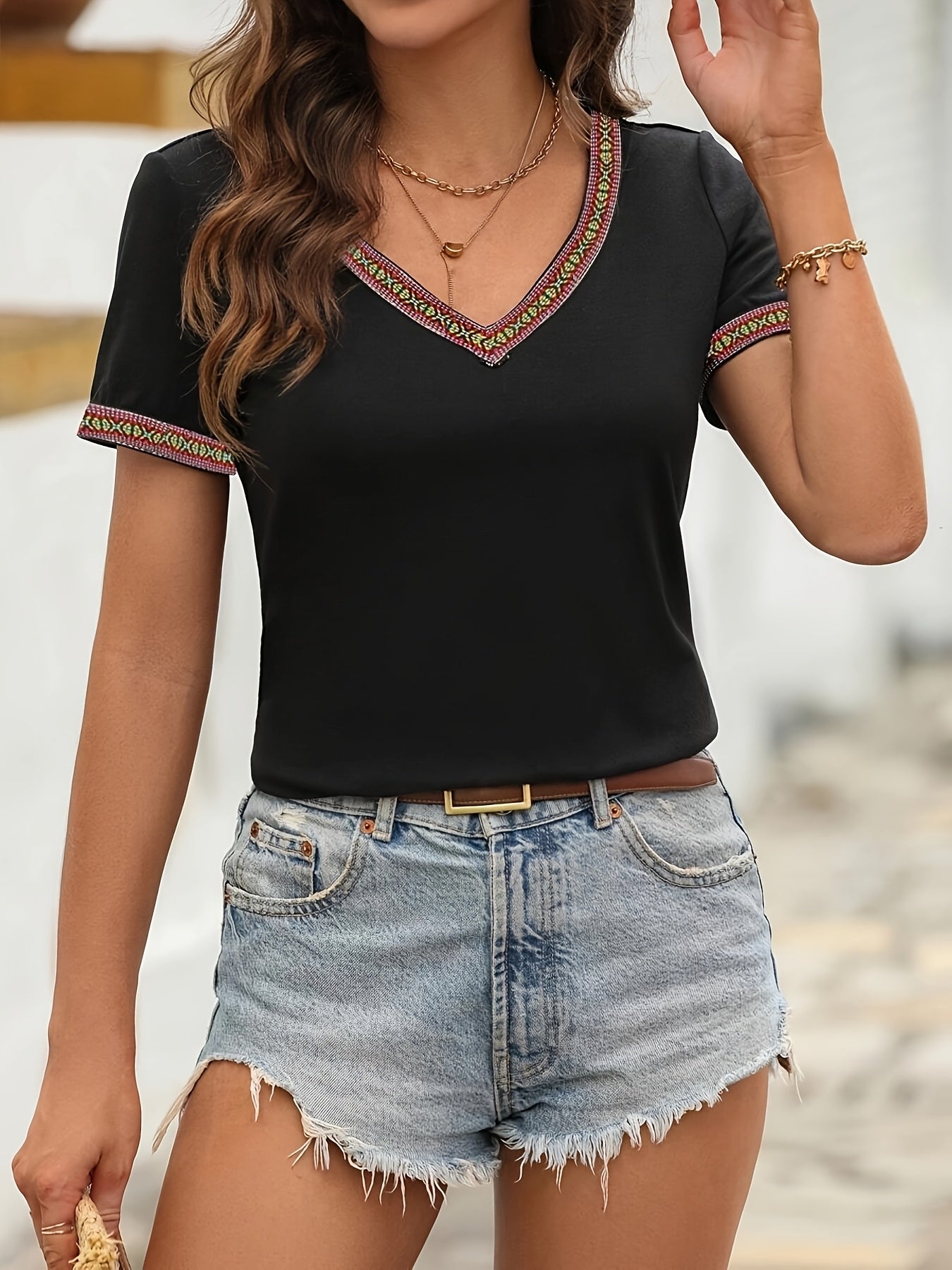 Women's Elegant V-Neck T-Shirt with Contrast Color Accents - Black & Multicolor Geometric Pattern, Short Sleeve Spring/Summer Top, Machine Washable, Everyday Fashion, Nontransparent Fabric