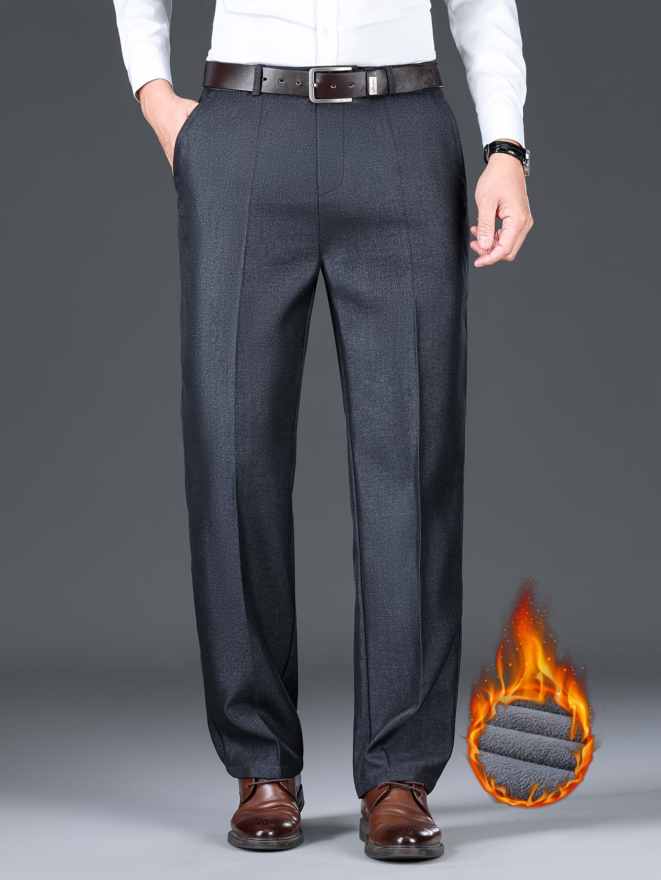 Men'S Solid Color Polyester Dress Pants - Fall/Winter Warm Fleece-Lined Thickened Straight-Leg Trousers with Slant Pockets, Regular Fit, Non-Stretch Woven Fabric, Long Length