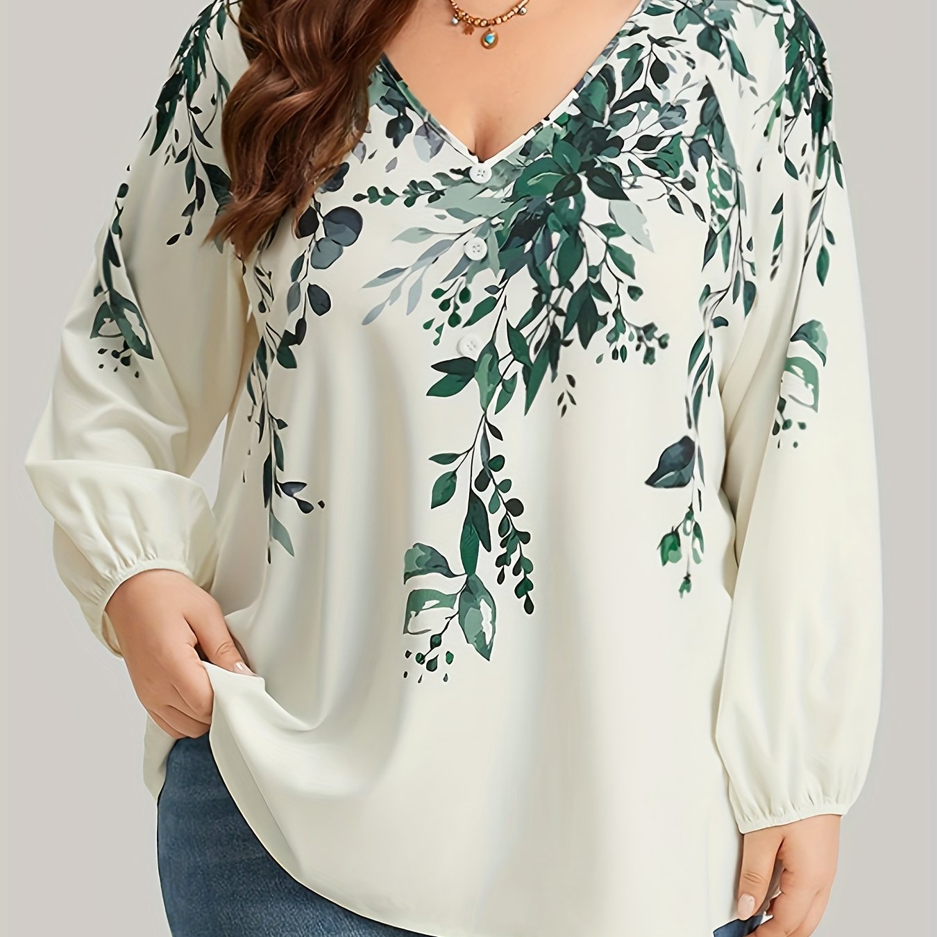 Plus Size Floral Print Blouse, Casual V Neck Long Sleeve Blouse For Spring, Women's Plus Size Clothing