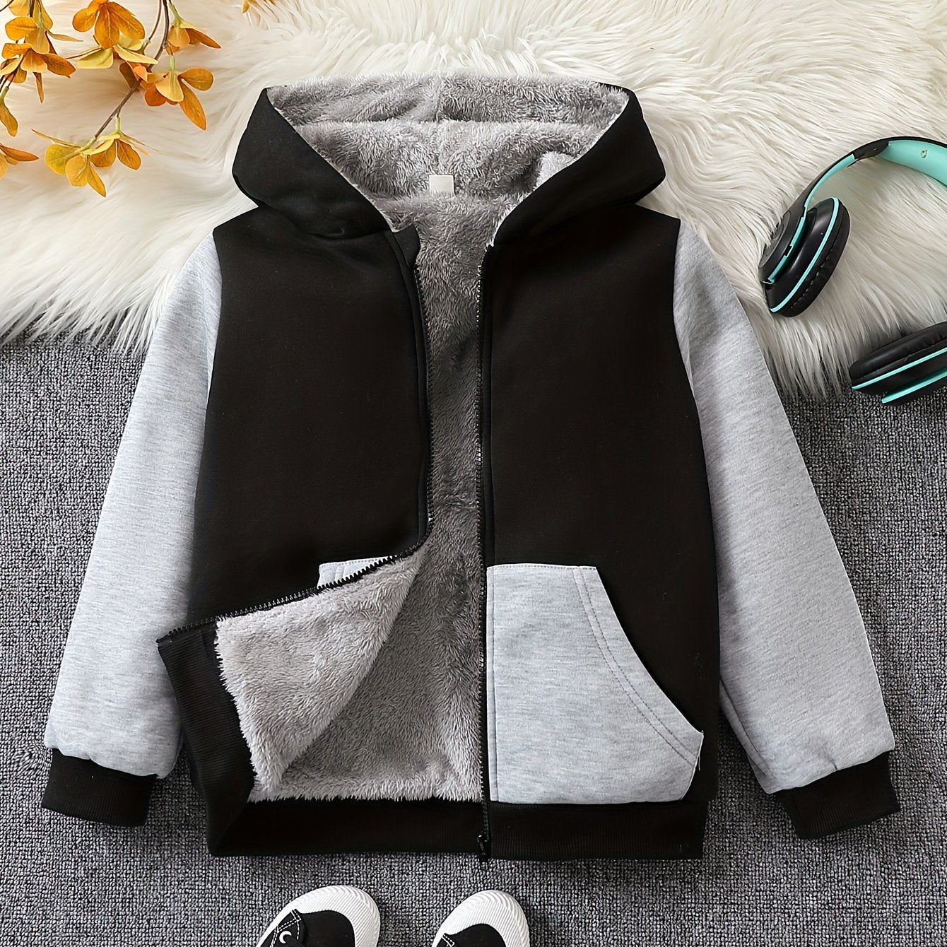 1pc Boys Stylish Color Block Fleece Lining Hooded Jacket, Long Sleeve Zip Up Jacket, Kids Clothes Outdoor