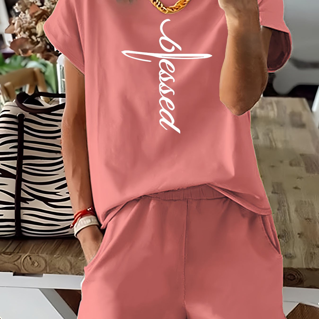 Letter Print Երկու կտոր հավաքածու, կարճաթև շապիկ և շորտեր, կանացի հագուստ