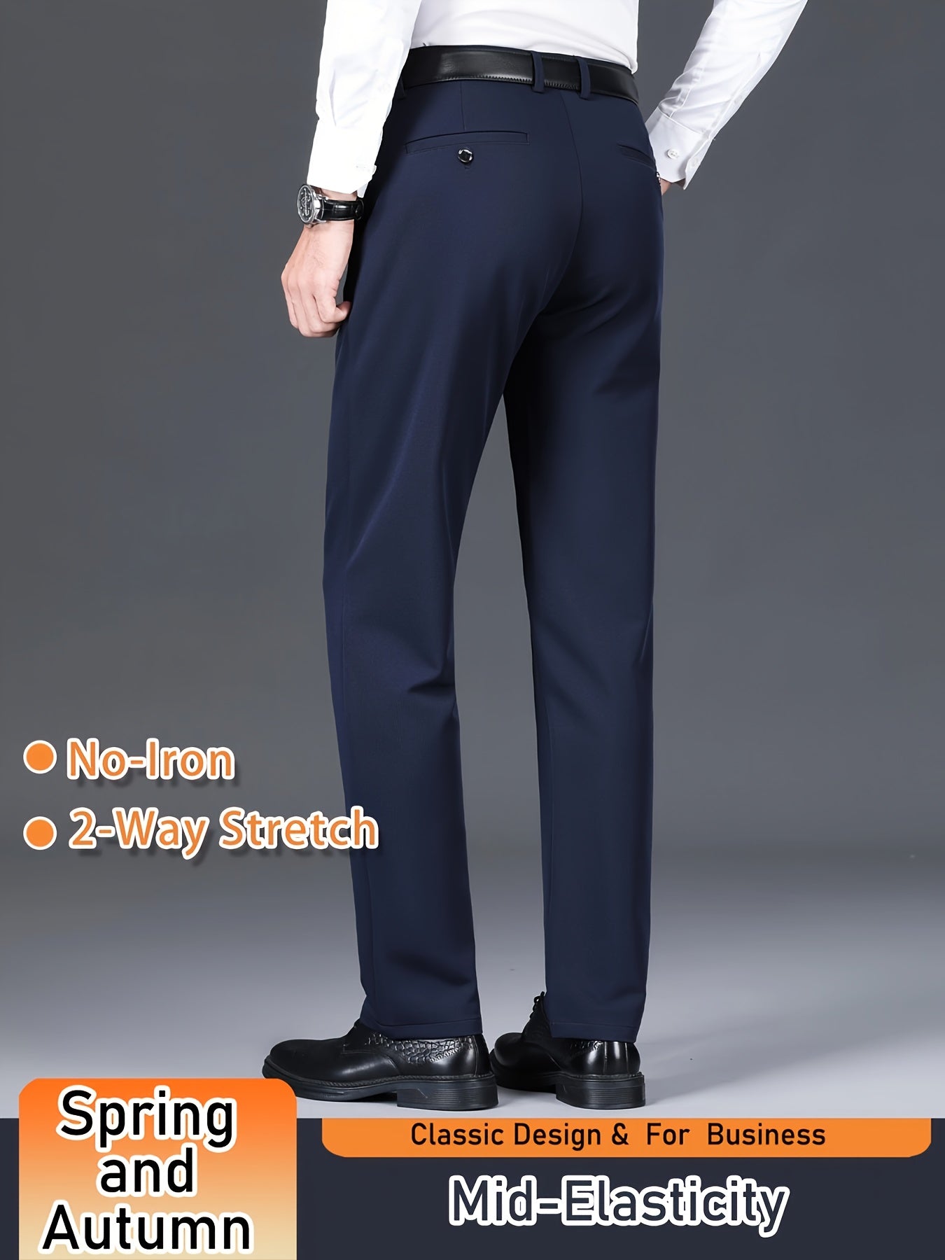 Men's Solid Color Dress Pants, Classic Design Slightly Stretch Formal Dress Pants For Business Occasions, Spring And Fall