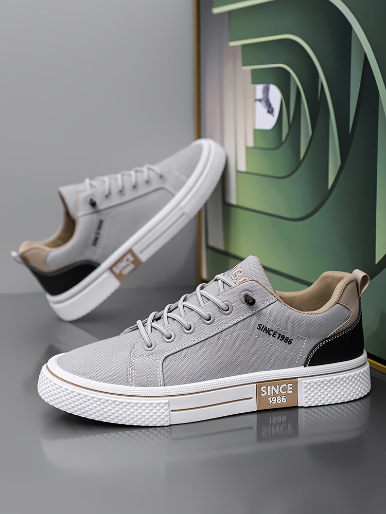 Men's Casual Low-Top Sneakers - Breathable Fabric Durable PVC Sole, Black Beige Contrast Design, Lace-Up Round Toe for All-Season Comfort, Versatile for Casual Semi-Formal Wear, Comfortable Footwear, Fabric Upper
