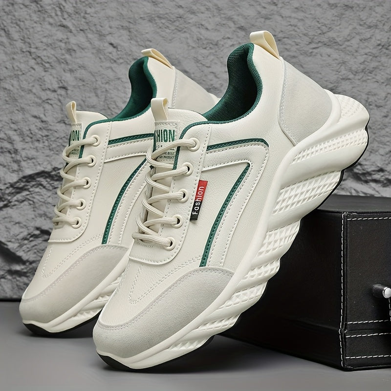 Men's Retro Sneakers - White Green Accent Lace-Up Shoes, Cushioned PVC Sole for All-Day Comfort, Low-Top Sneakers for Gym, Office, Casual Attire - Model HX-7, Gym Footwear, Sleek Casual Style, Fabric Upper, Durable Traction