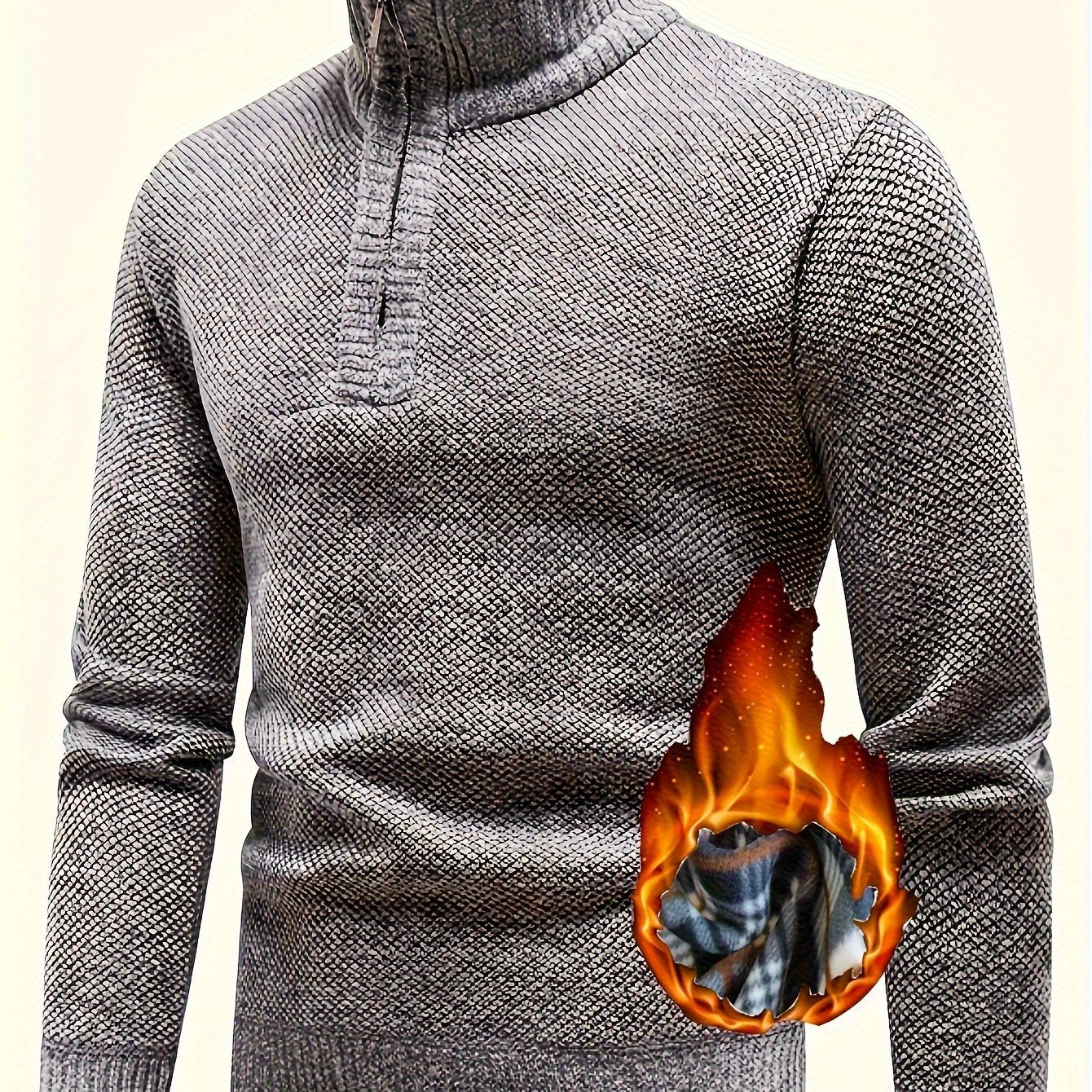 Men's Fleece-Lined Warm Knit Sweater - Autumn/Winter, Solid Color with Stand Collar & Short Zipper Placket, Long Sleeve, Polyester - Ideal for Hiking, Cycling & Casual Attire, Winter Sweater