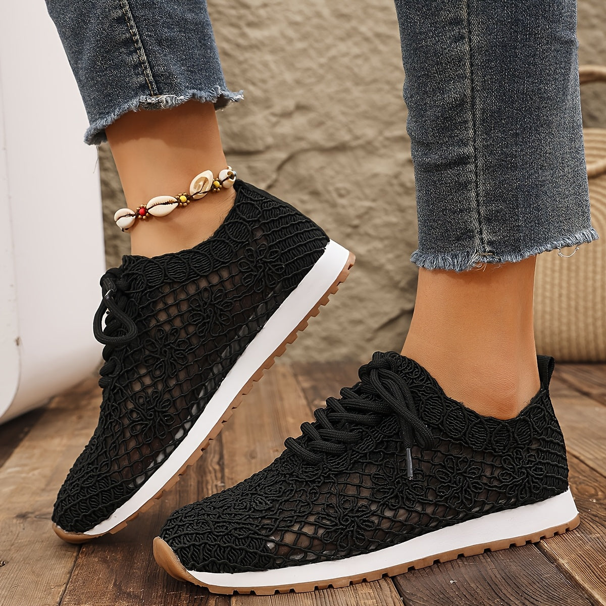 Women's Summer Solid Color Lace-Up Mesh Casual Shoes, Breathable Fabric with Rubber Sole, Net Fabric