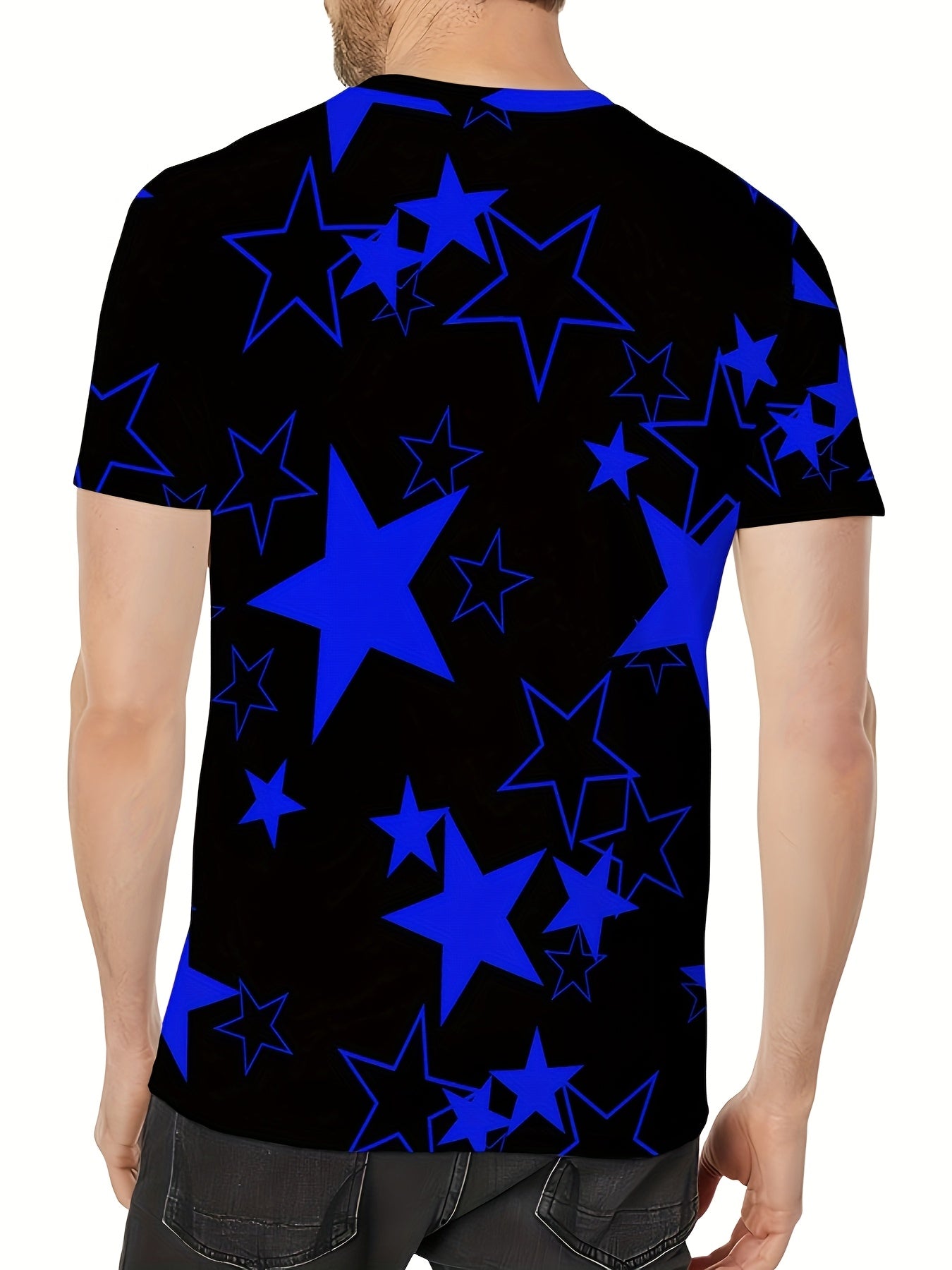 Men's Allover Color Blocking Stars Pattern Short Sleeve Crew Neck T-shirt For Summer, Casual Stylish Tee As Gift