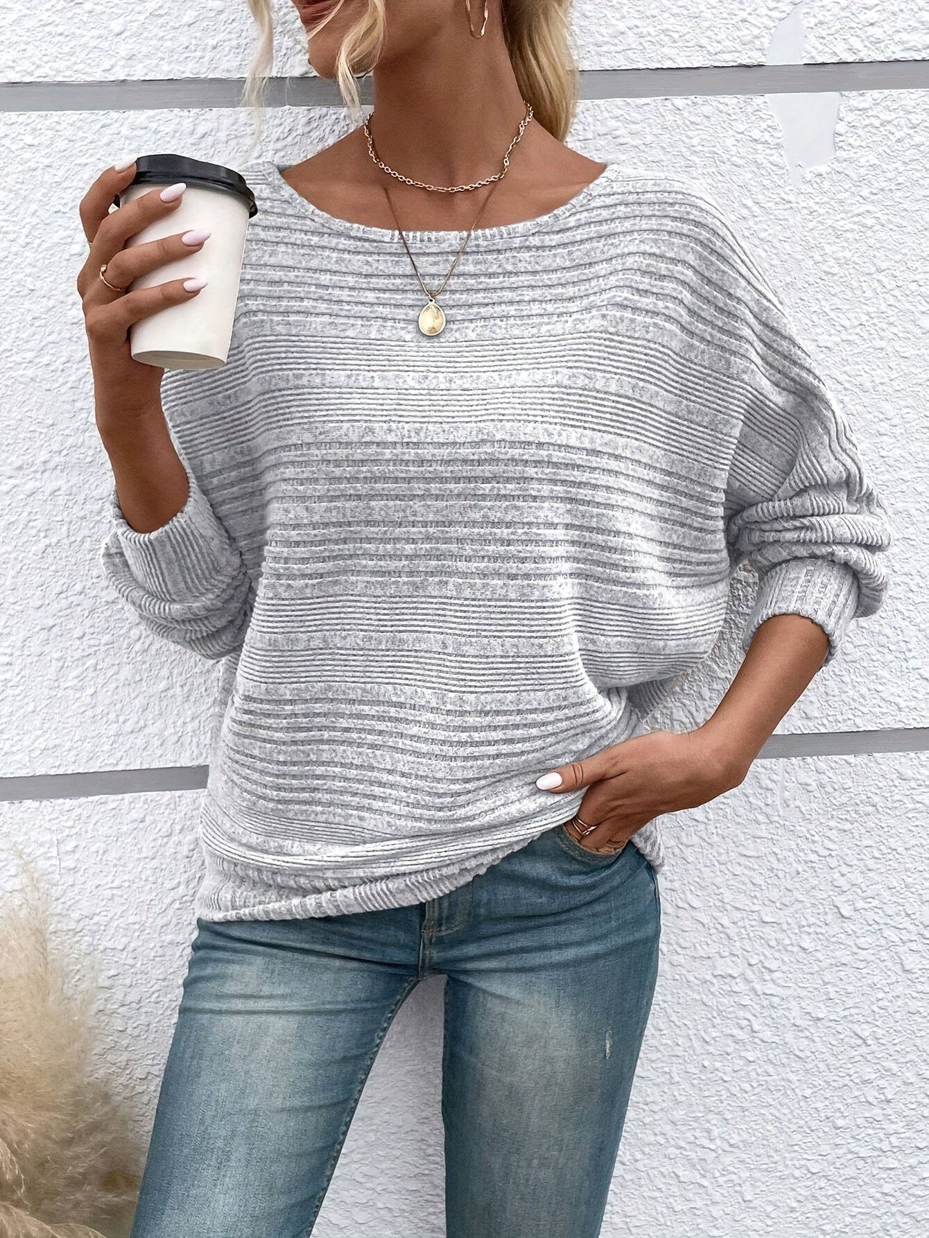 1 հատ Women'S Casual Crew Neck Knit T-shirt - պոլիեսթեր պինդ գույնի երկարաթև վերնաշապիկ գարնան/աշունի համար
