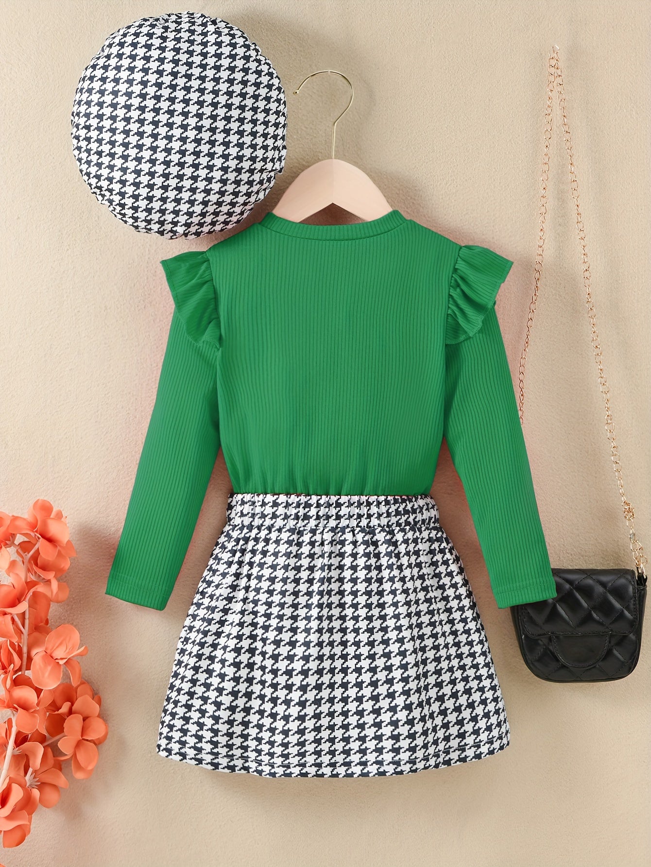 Youngsters Girls Ruffle Tee & Houndstooth պրինտ կիսաշրջազգեստ և գլխարկ