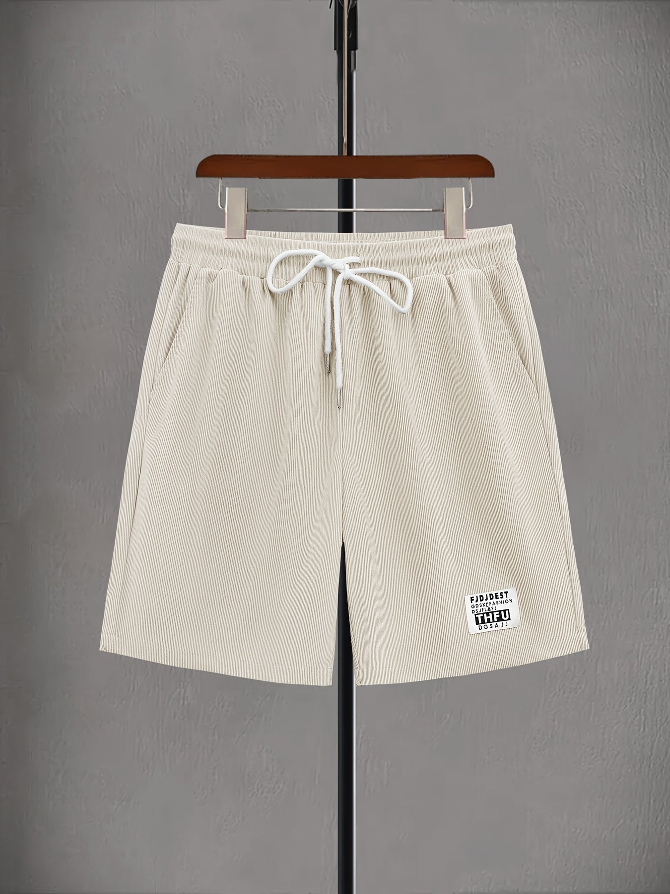 Men's Casual Corduroy Shorts with Drawstring Waist, Side Pockets, and "California" Print - Black, Polyester, All-Season Wear for Outdoor Activities